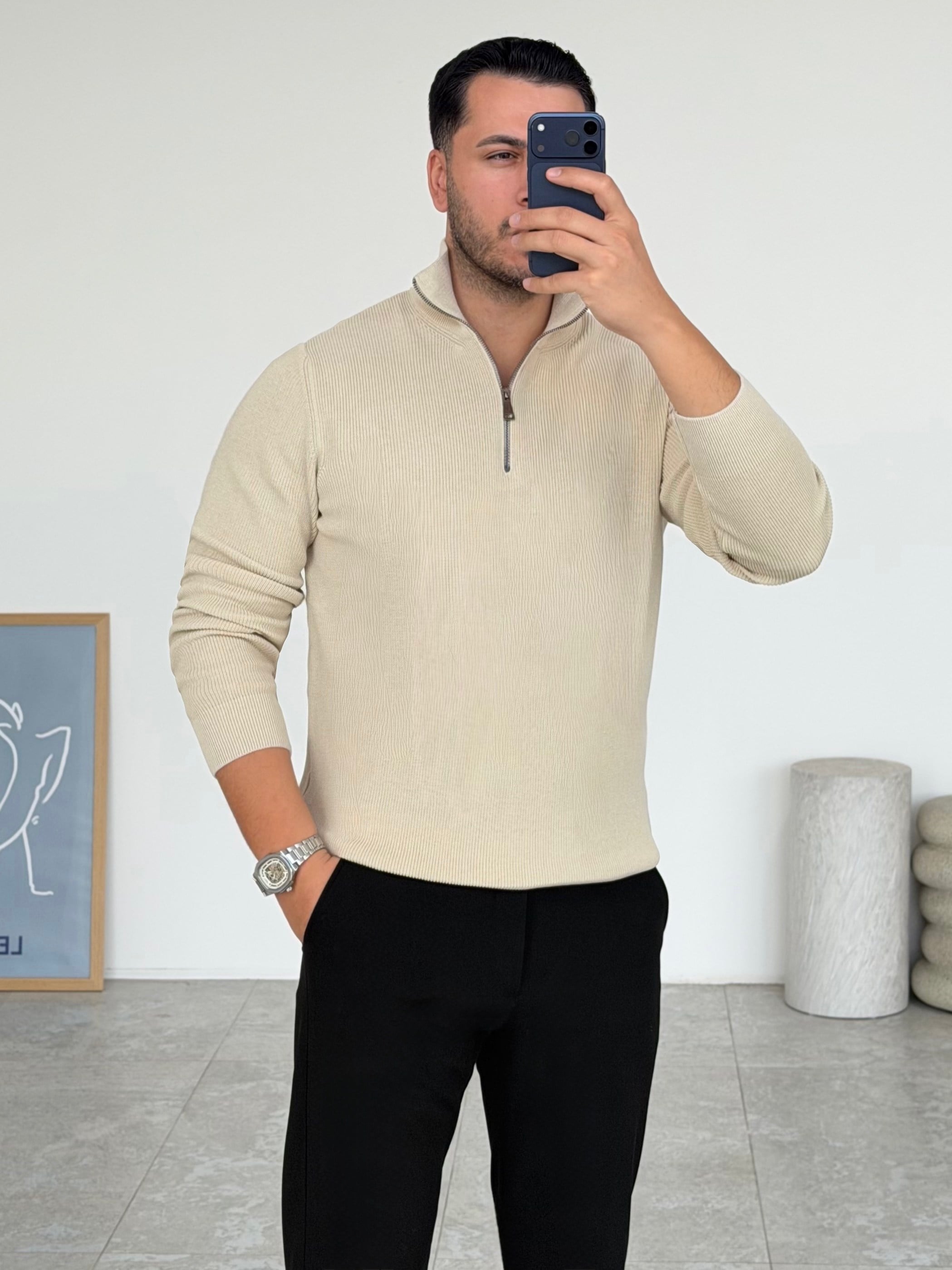 Modern Fit Dik Yaka Bej Kazak