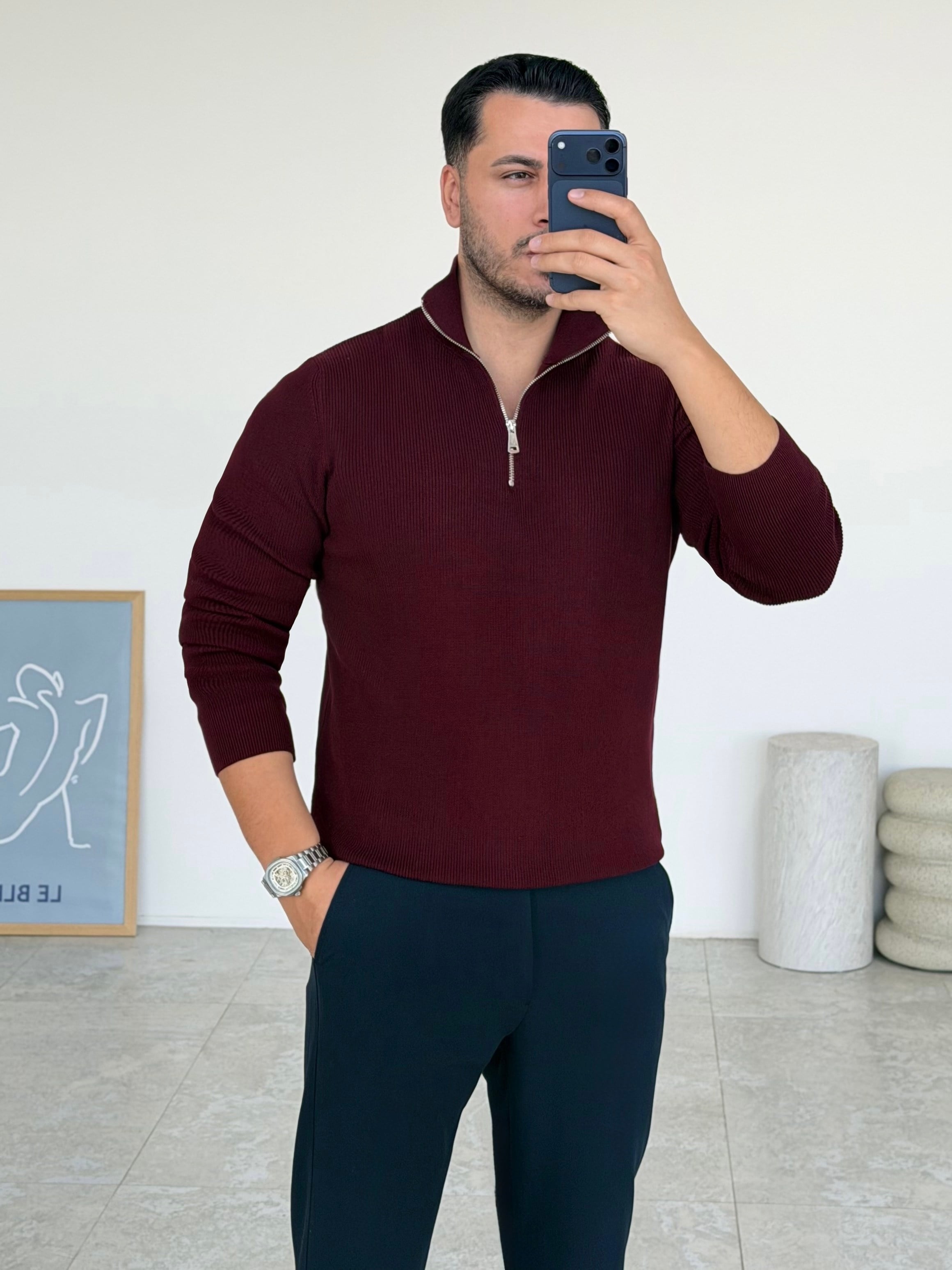 Modern Fit Dik Yaka Bordo Kazak