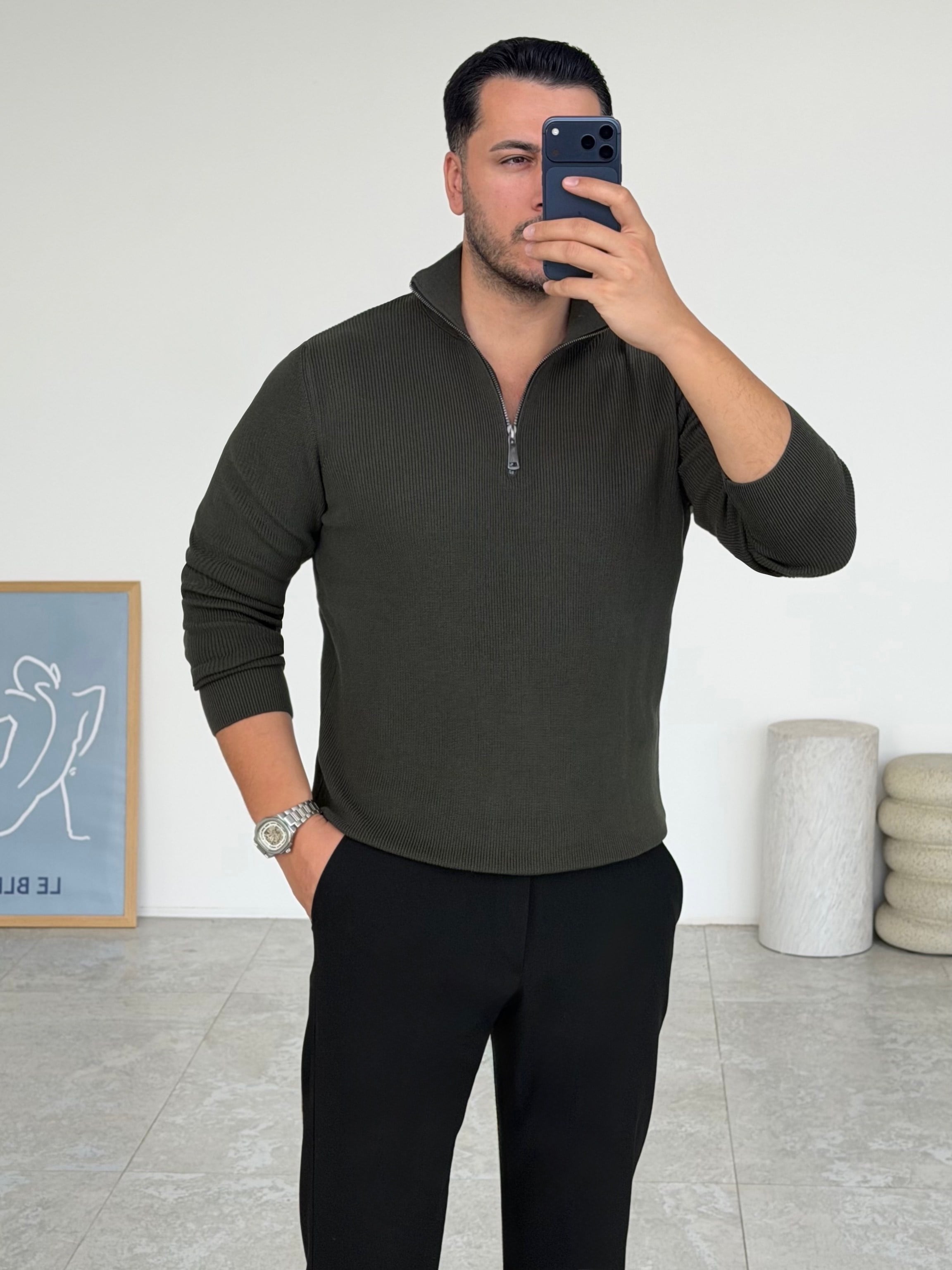 Modern Fit Dik Yaka Haki Kazak