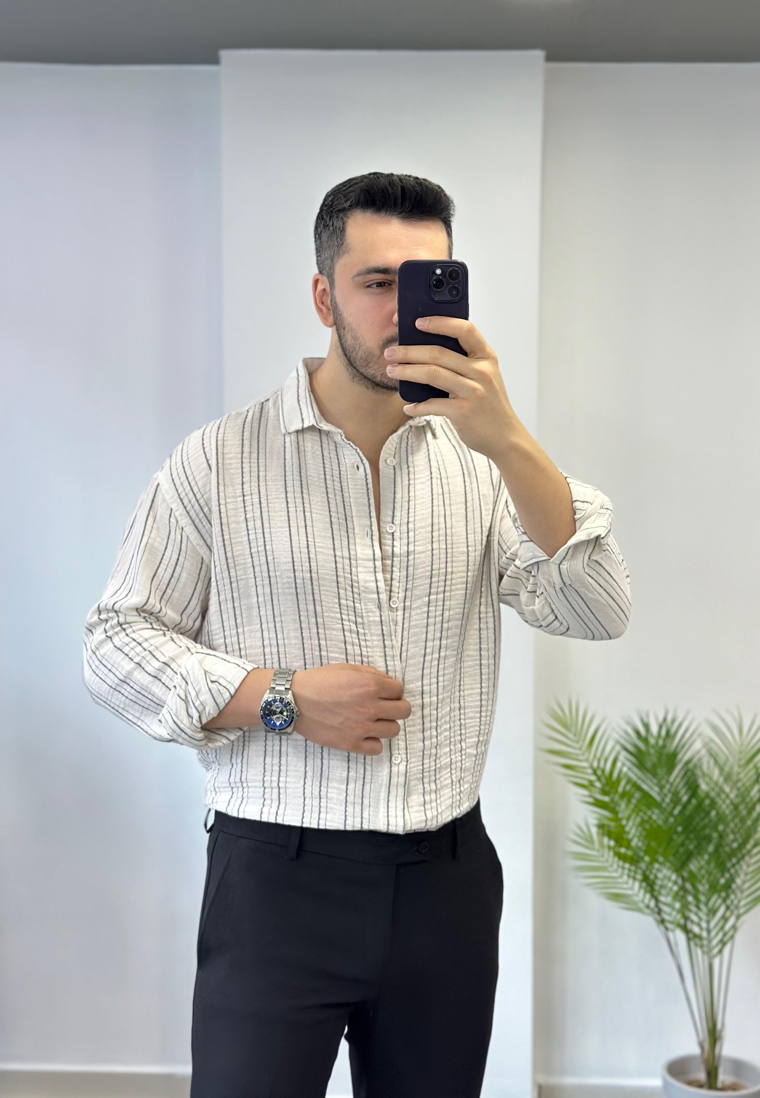 Müslin Siyah Çizgili Oversize Keten Gömlek 