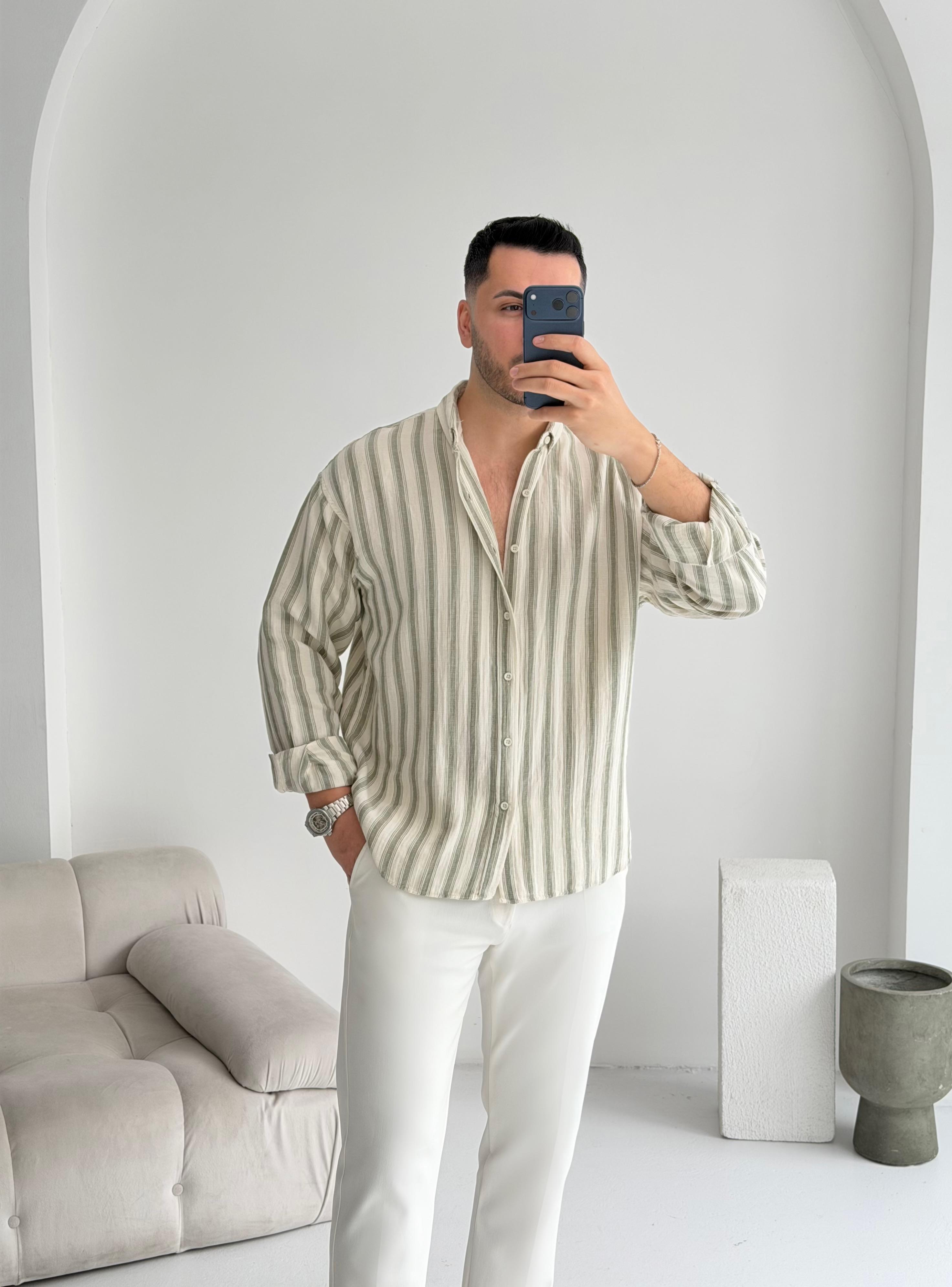 Müslin Yeşil Çizgili Oversize Keten Gömlek 