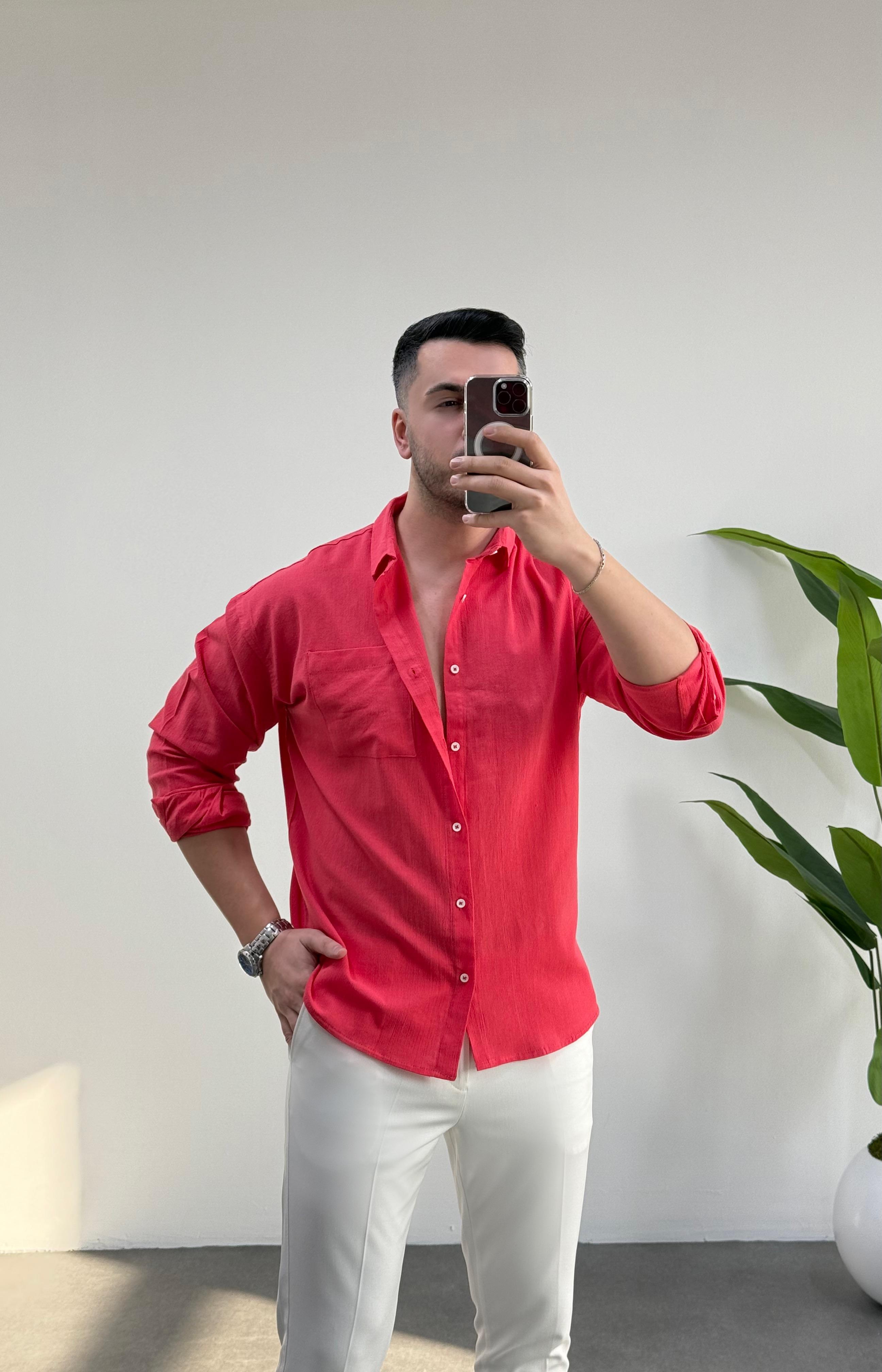 Nar Çiçeği Oversize Keten Gömlek 