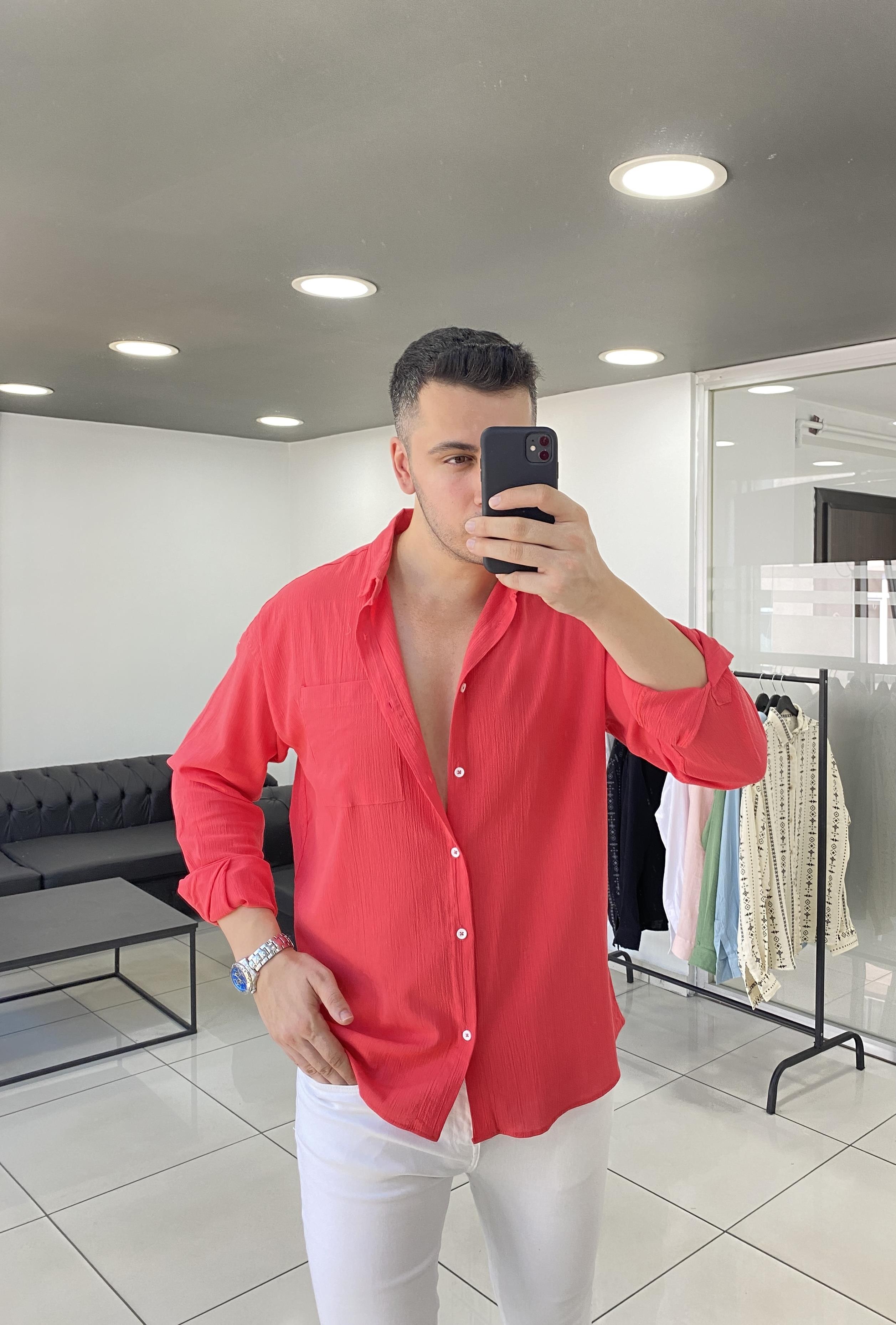 Nar Çiçeği Oversize Keten Gömlek