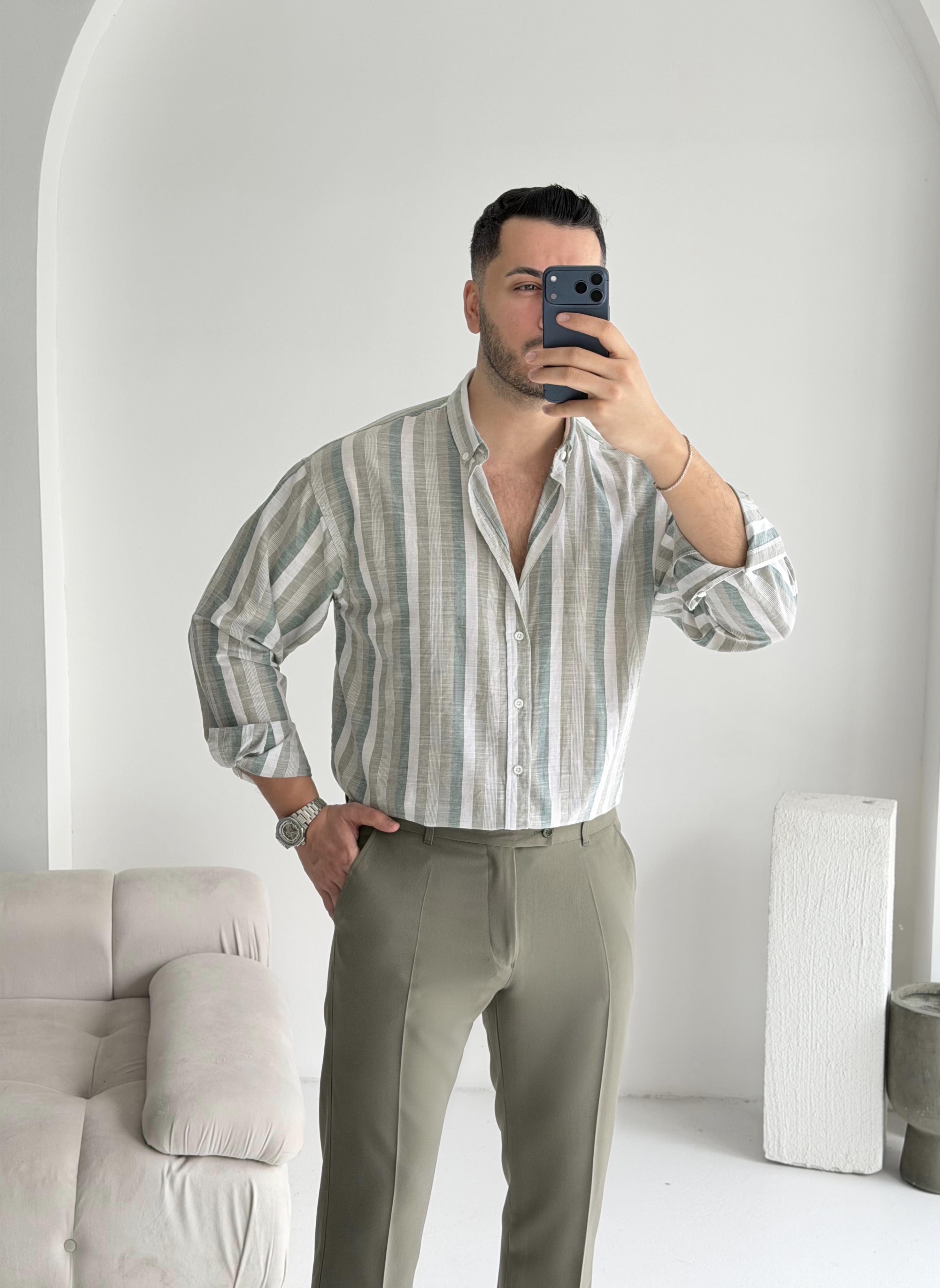 Noir Haki Çizgili Oversize Keten Gömlek 