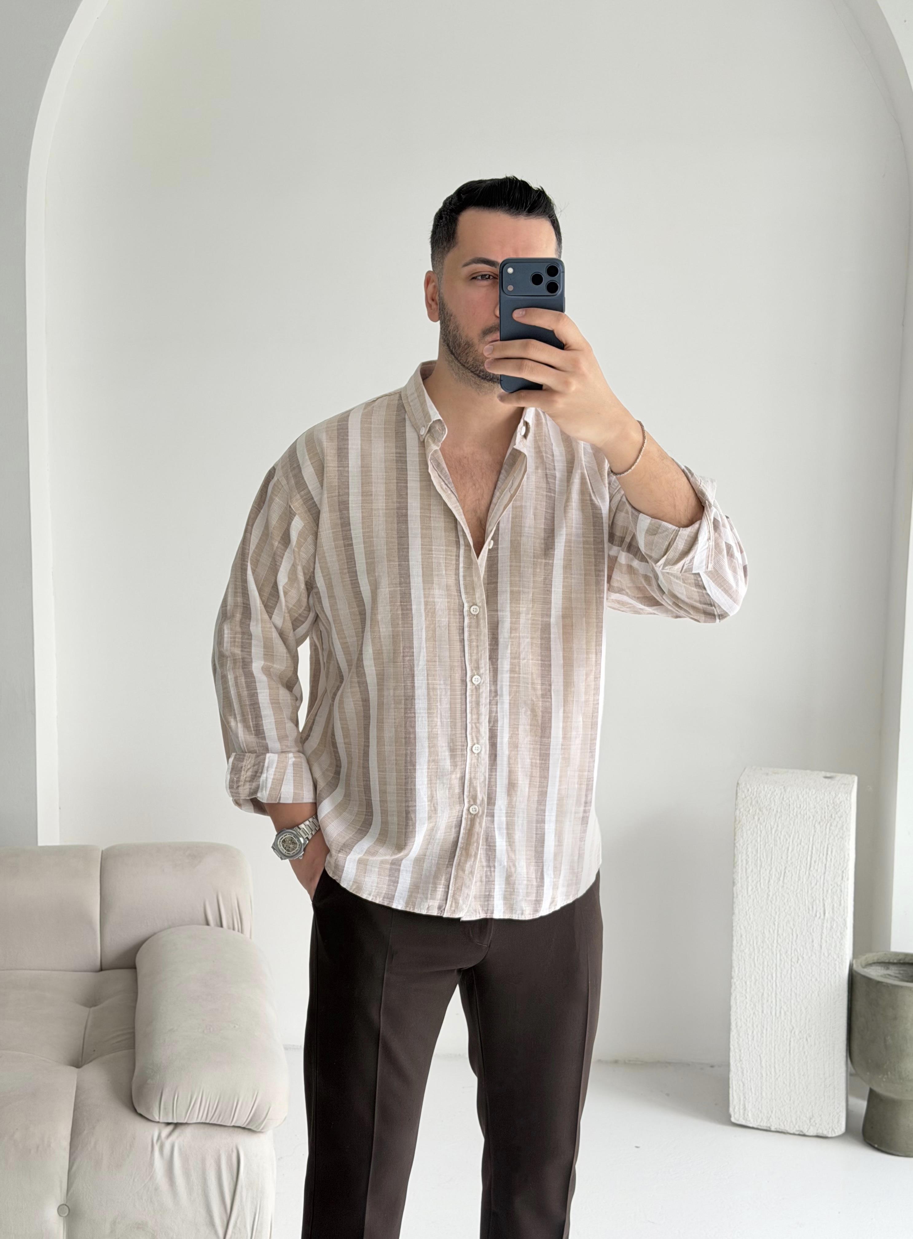 Noir Kahve Çizgili Oversize Keten Gömlek