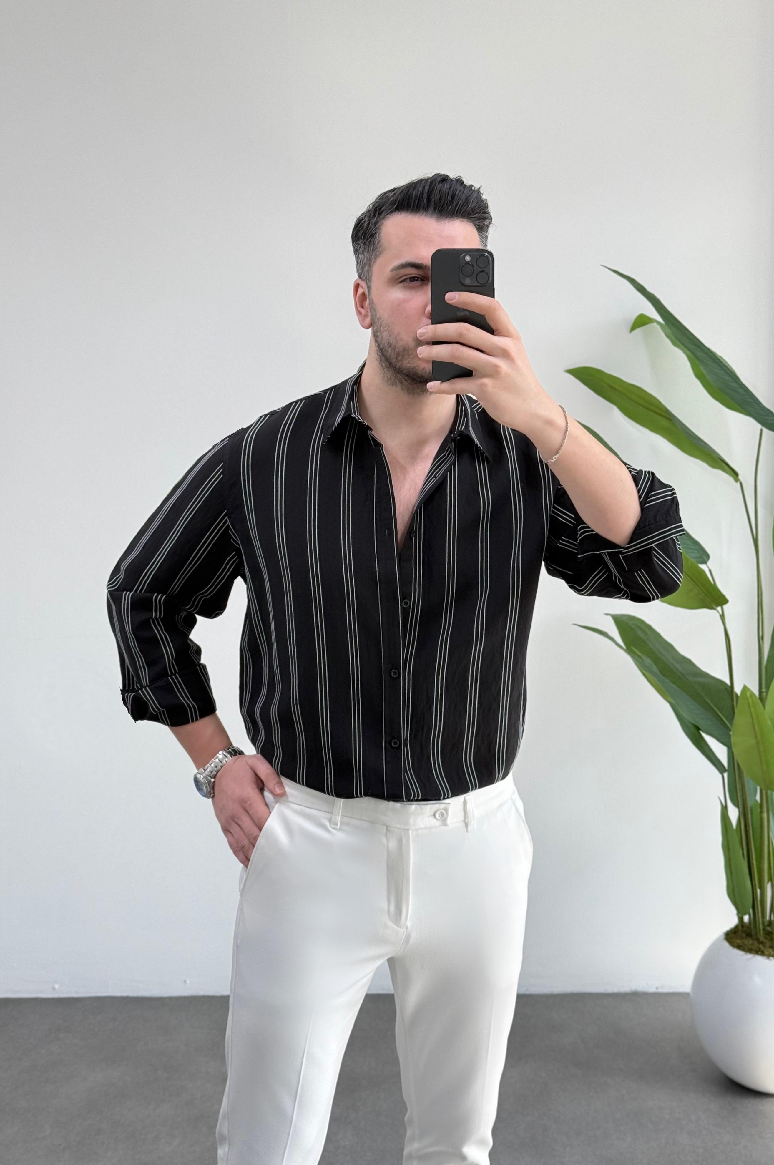 Olio Siyah Çizgili Oversize Keten Gömlek 