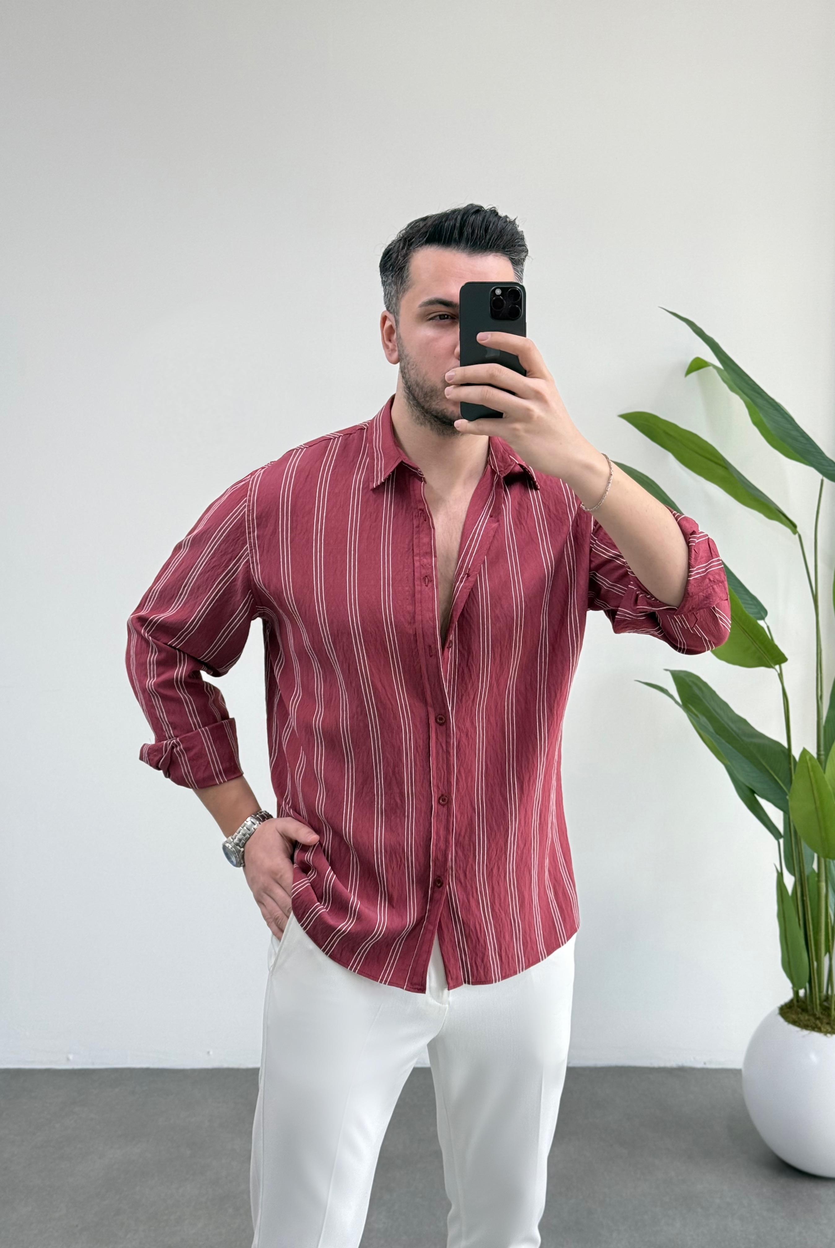 Olio Vişne Çizgili Oversize Keten Gömlek 