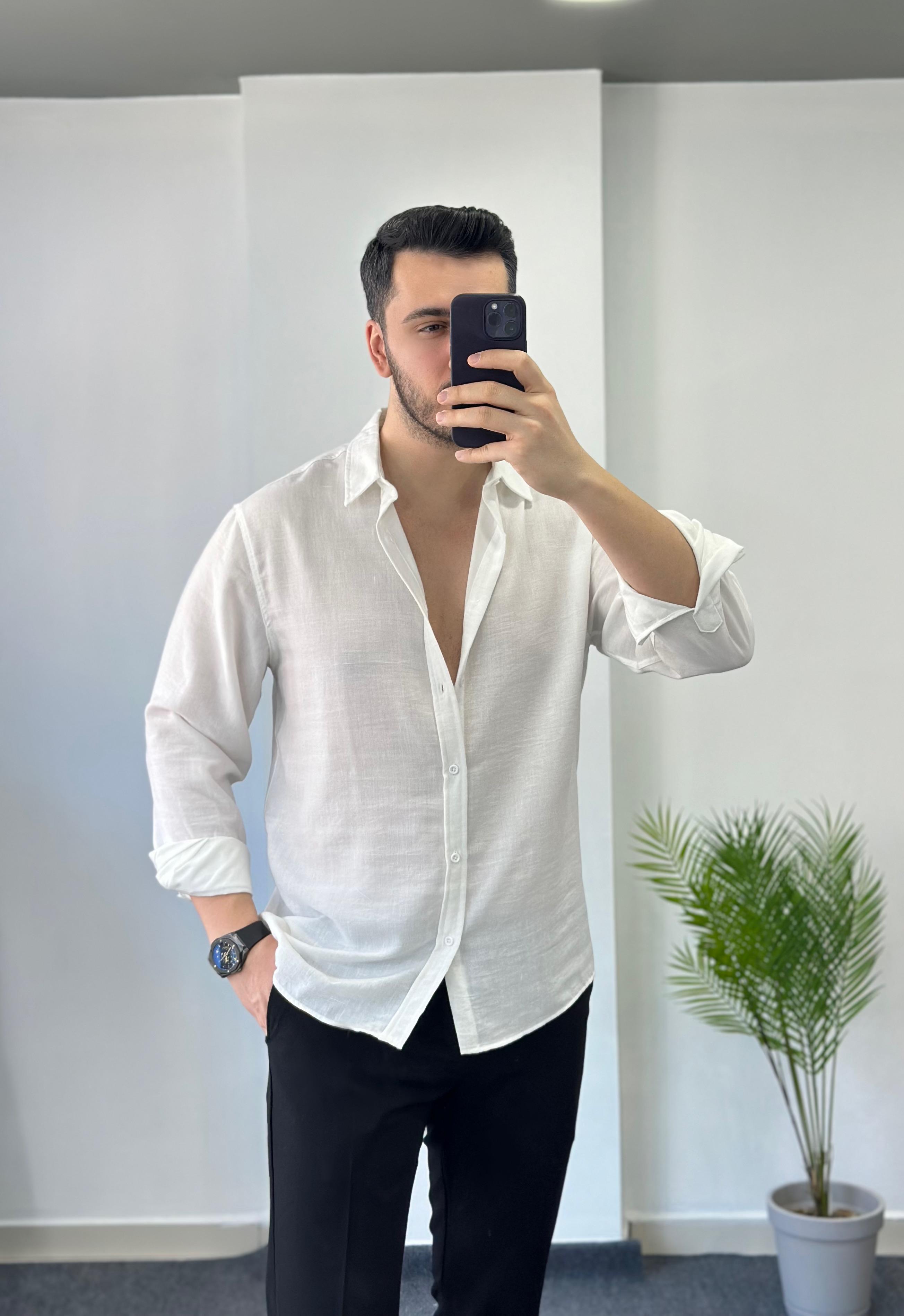 Optik Oversize Beyaz Keten Gömlek