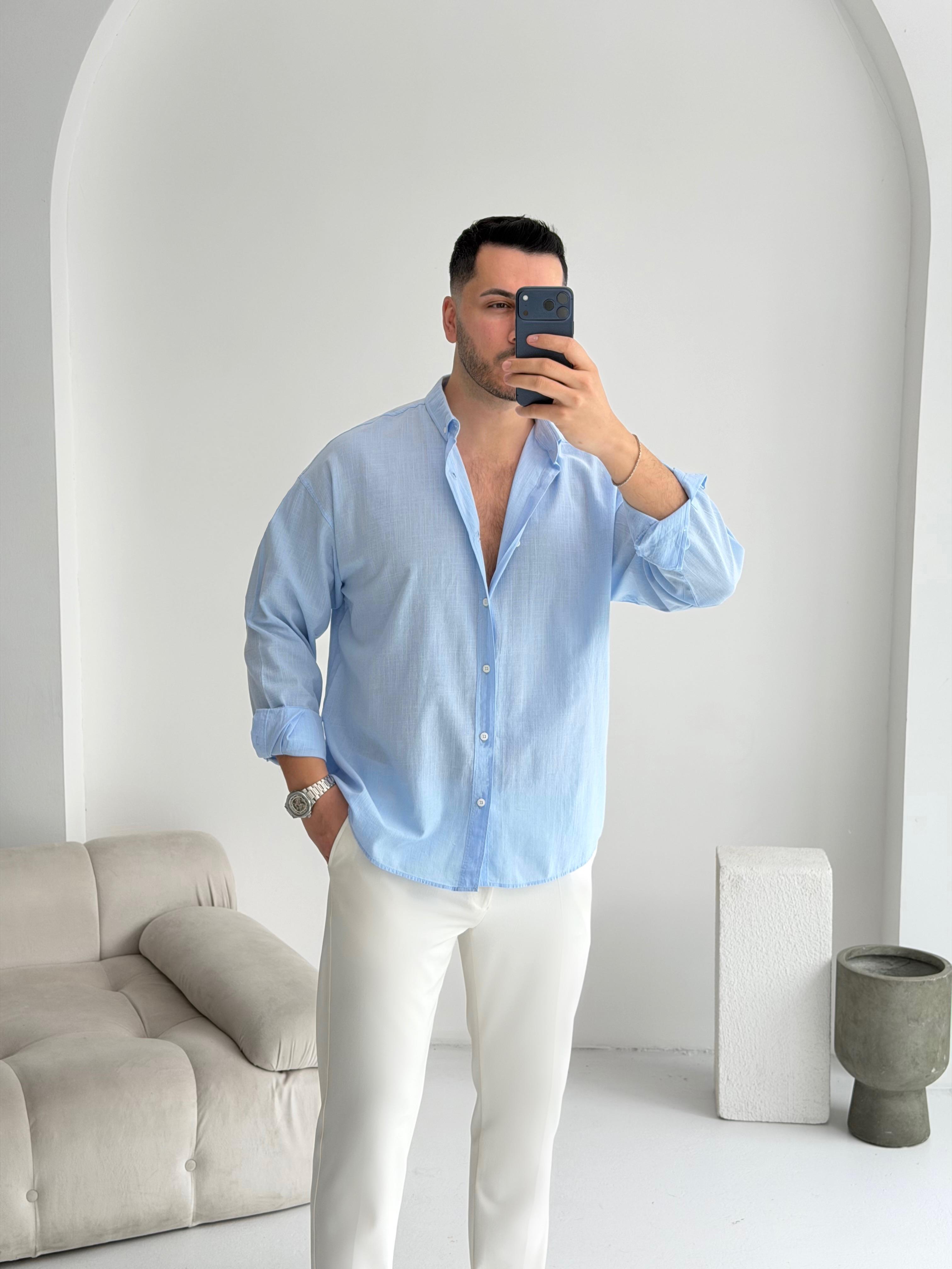 Orjinal Fresh Keten Bebe Mavisi Oversize Gömlek 