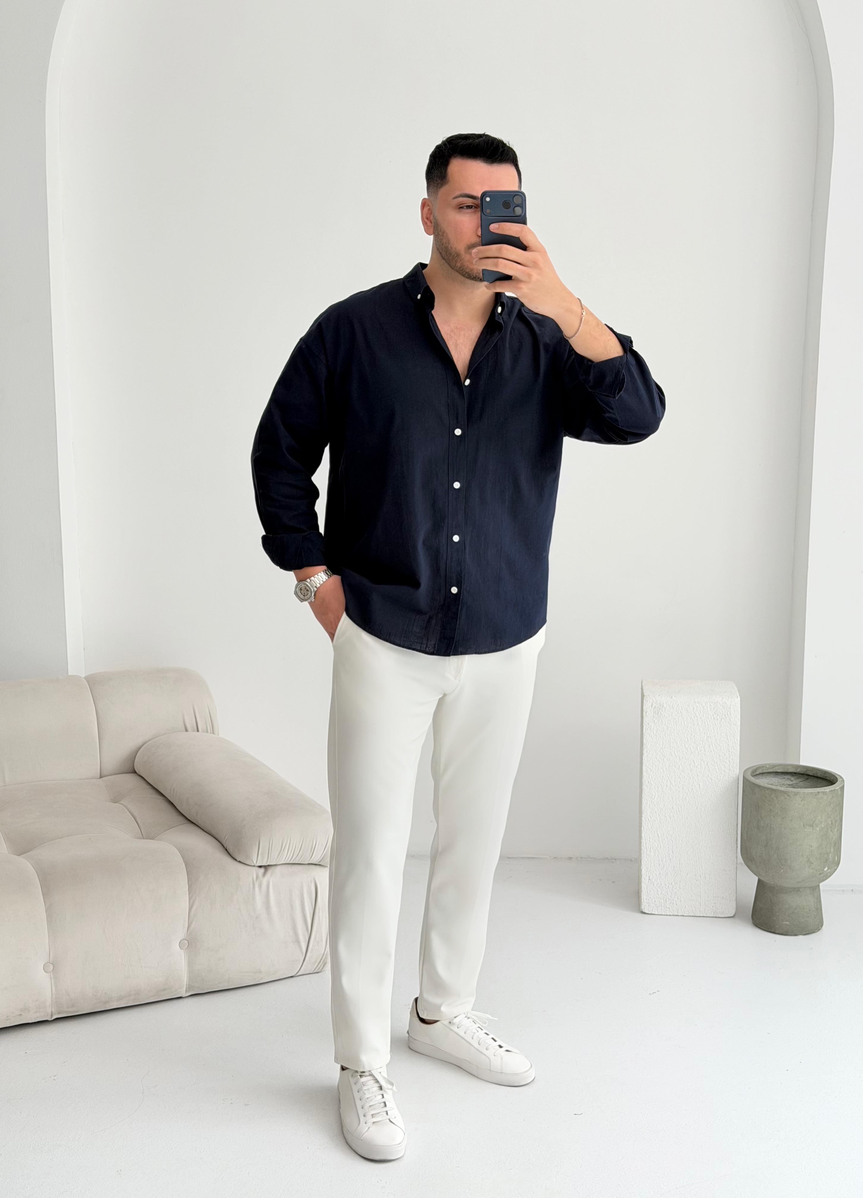 Orjinal Fresh Keten Lacivert Oversize Gömlek 