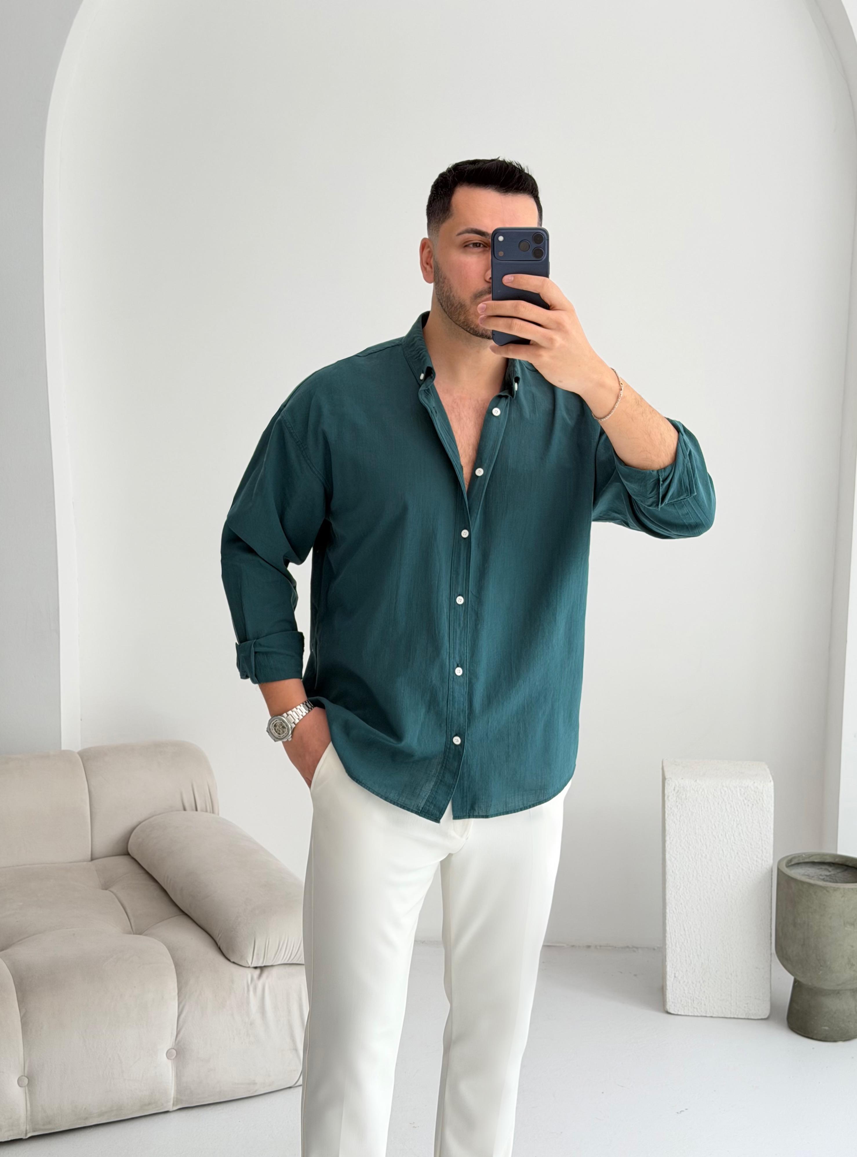Orjinal Fresh Keten Zümrüt Oversize Gömlek