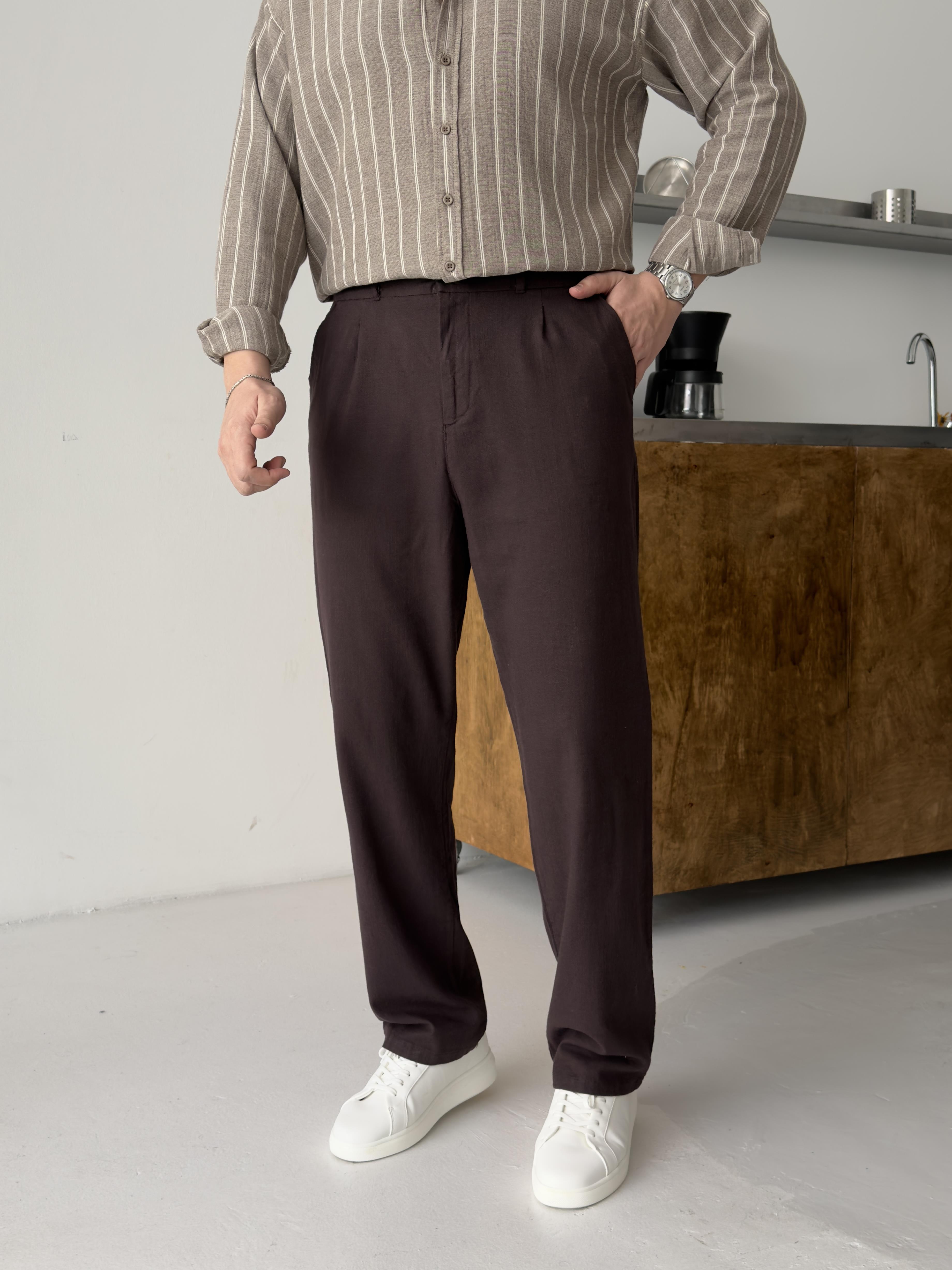 Orjinal Keten Kahve Baggy Pantolon