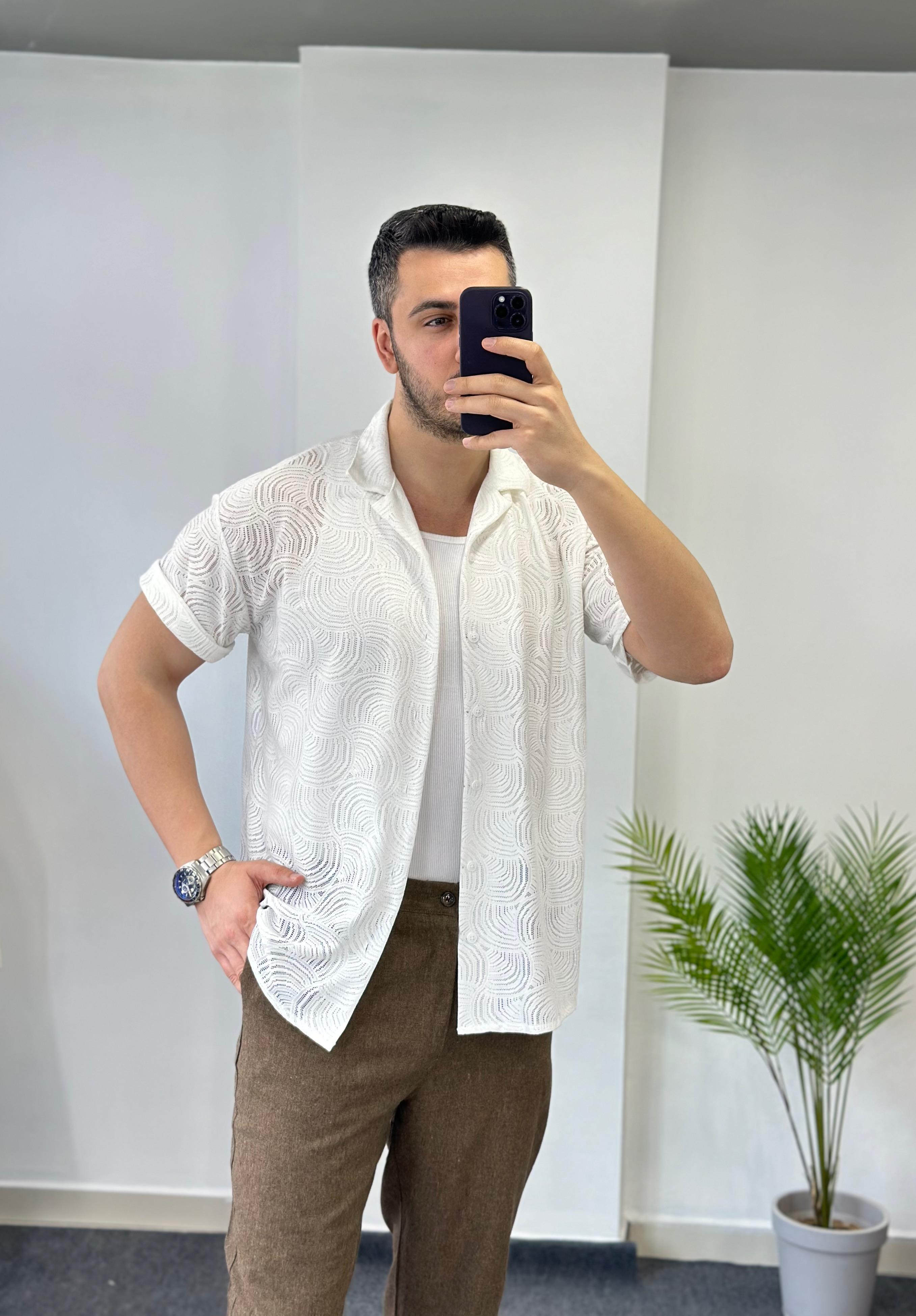 Örme Beyaz Kısa Kol Gömlek