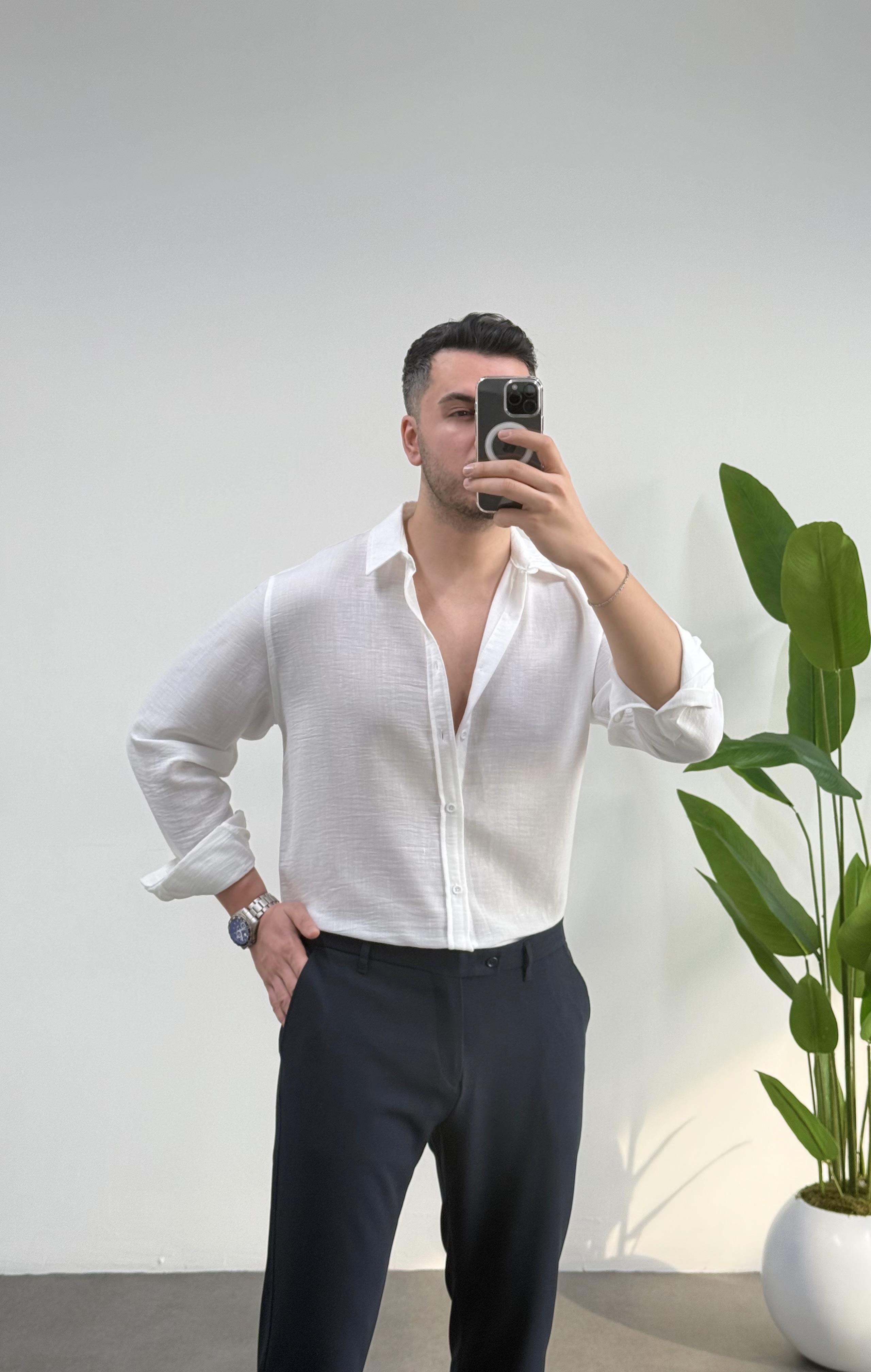 Oversize Lux Beyaz Keten Gömlek 