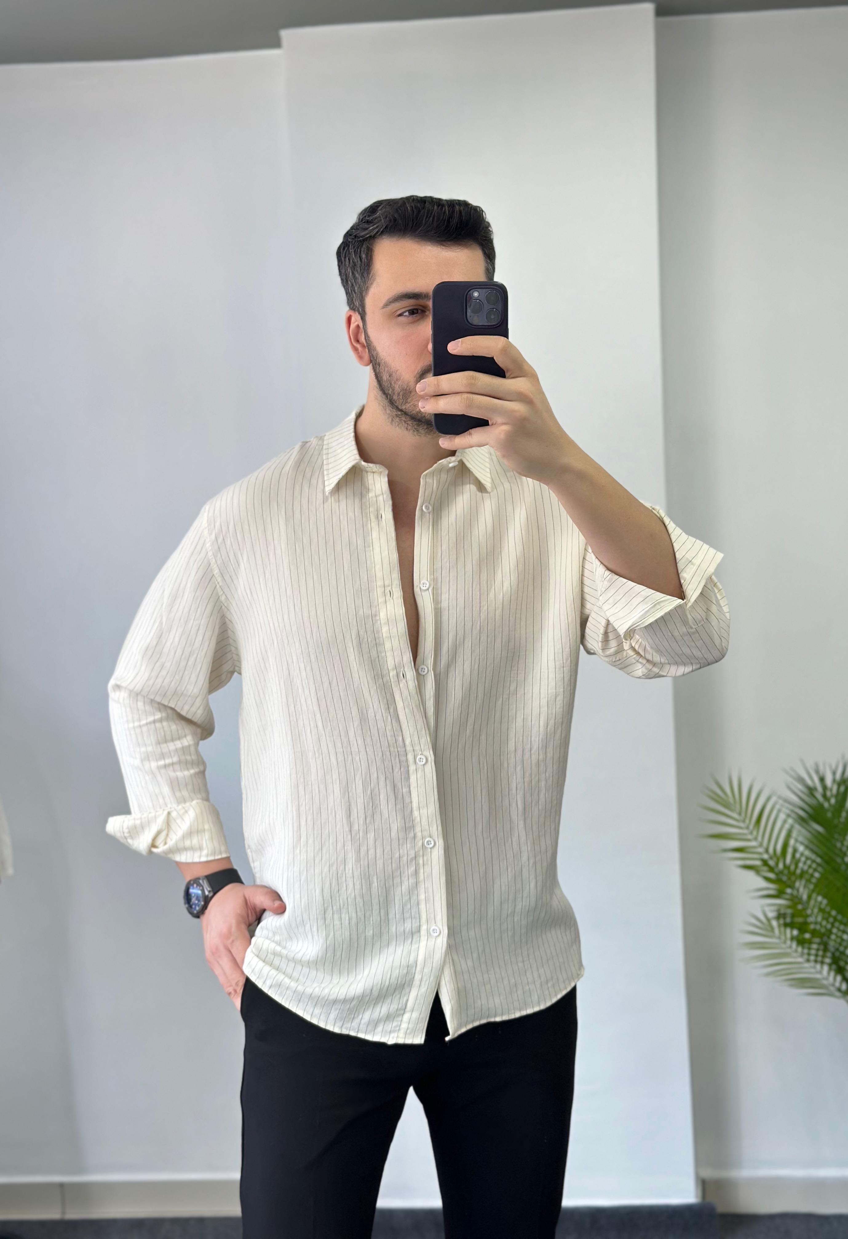 Özel Tasarım Kumaş Krem Çizgili Oversize Keten Gömlek 