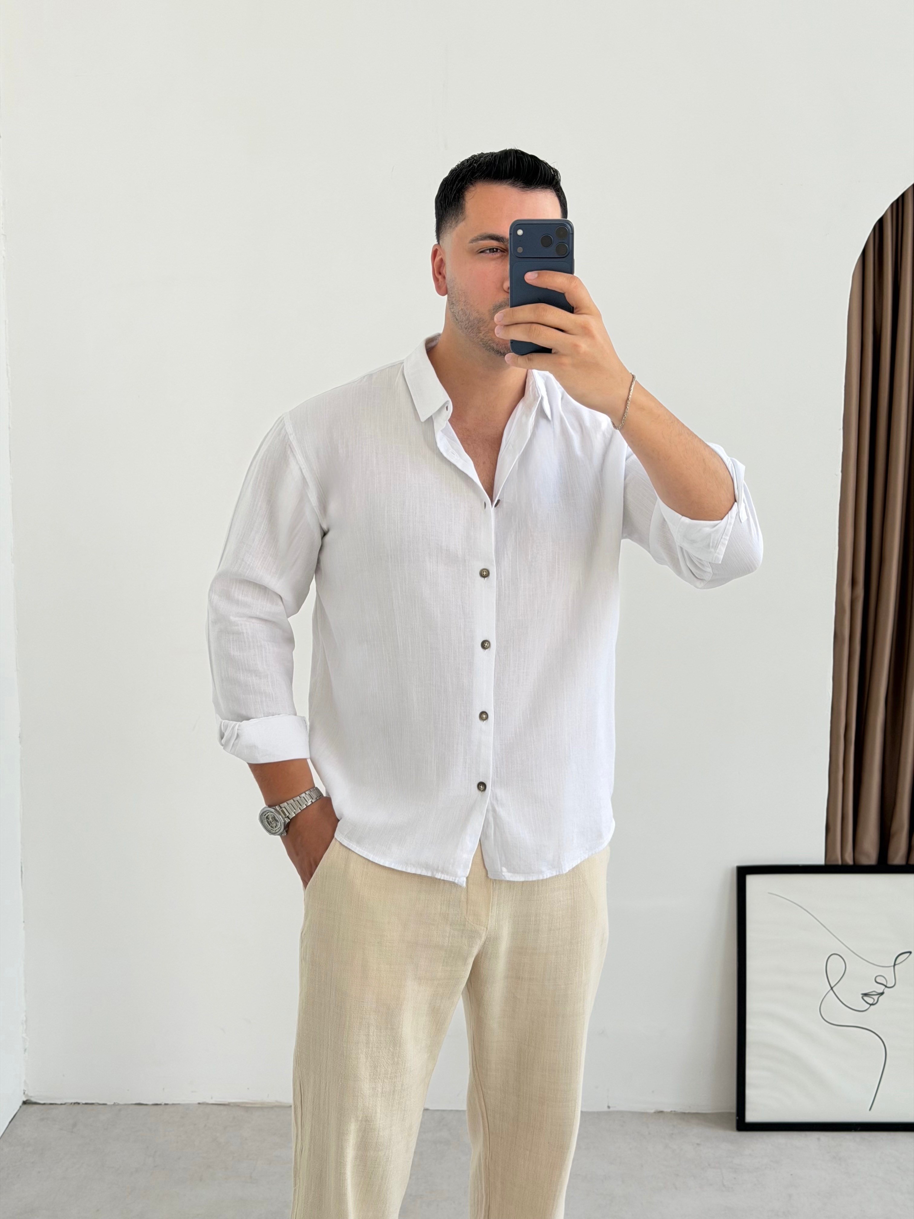 Pamuk Keten Beyaz Gömlek