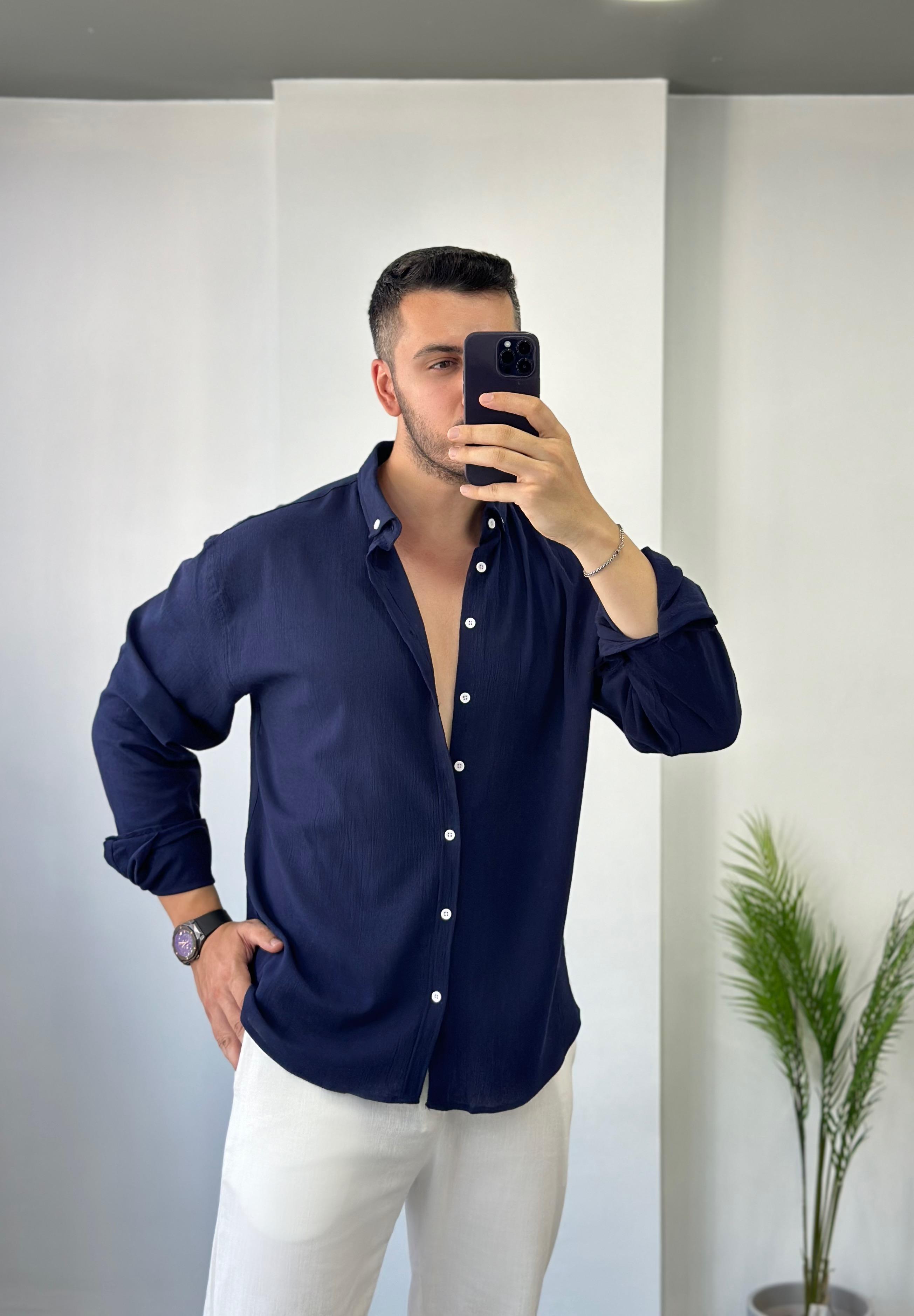 Pamuk Kırınkıl Lacivert Oversize Keten Gömlek 