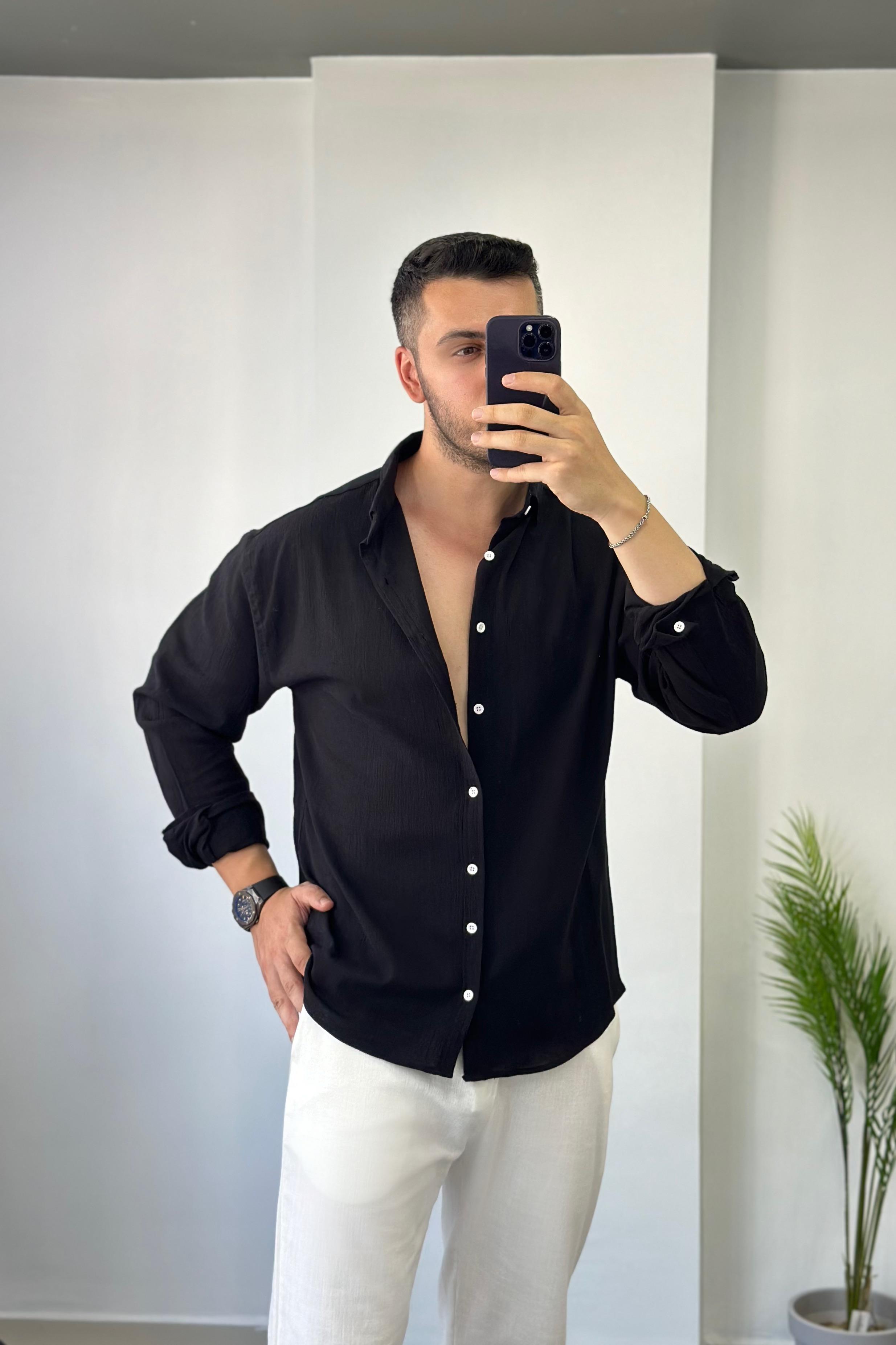 Pamuk Kırınkıl Siyah Oversize Keten Gömlek 
