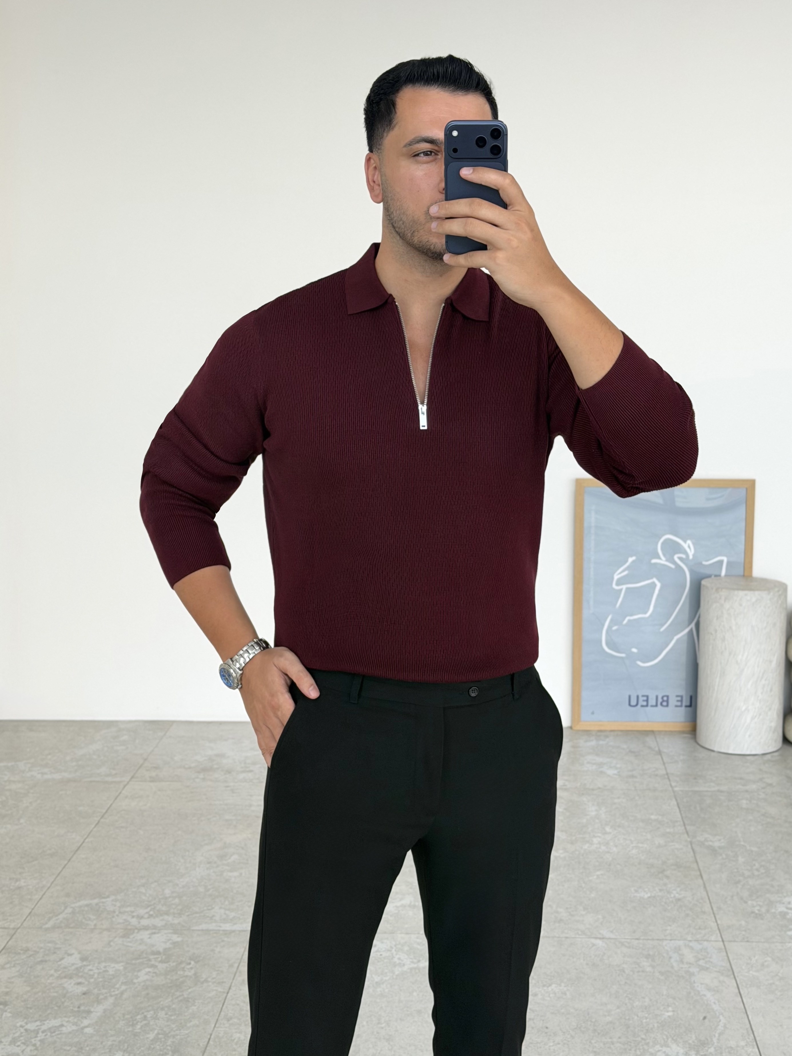 Petek Örme Bordo Fermuarlı Triko
