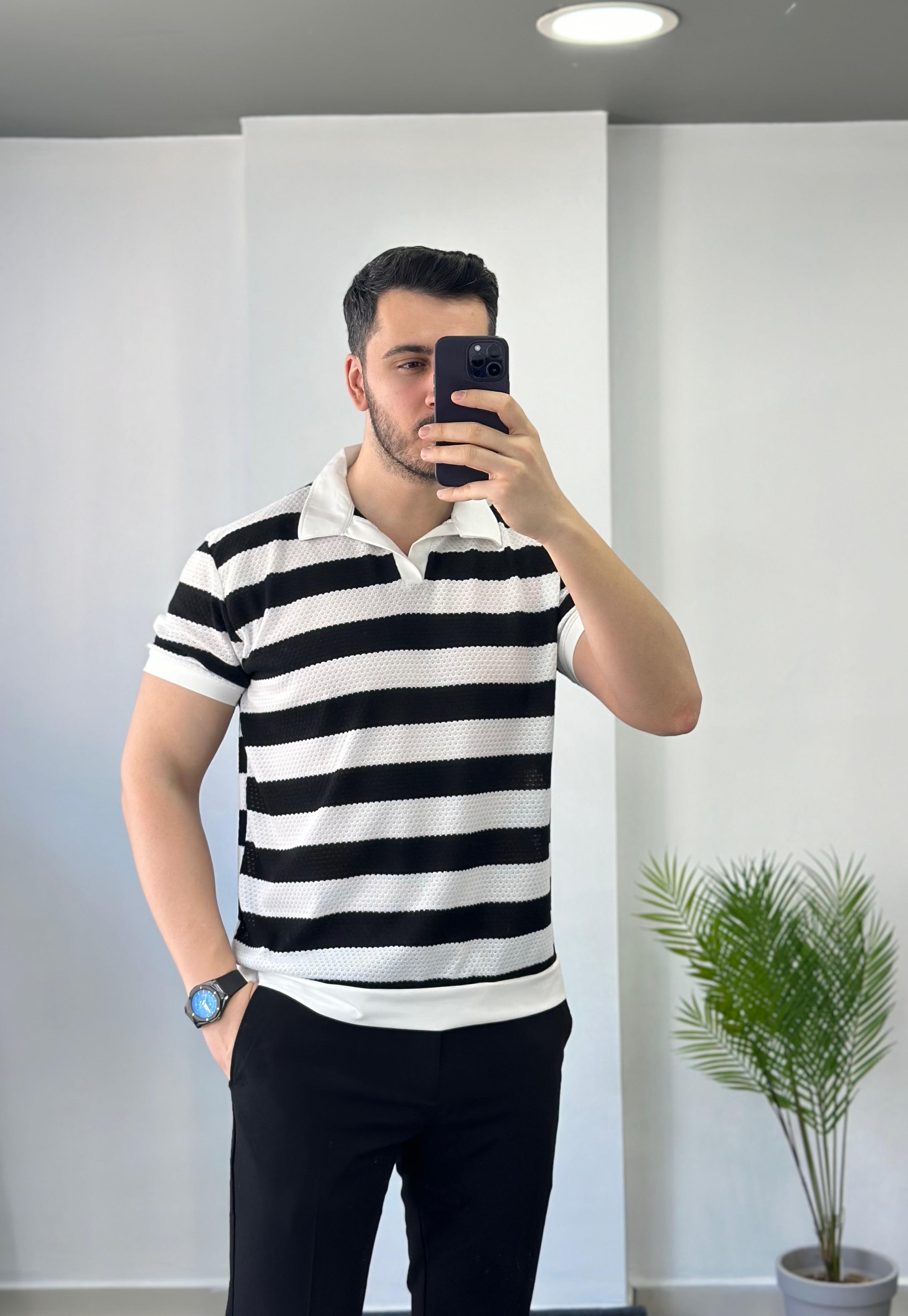 Petek Örme Siyah Çizgili Tişört 