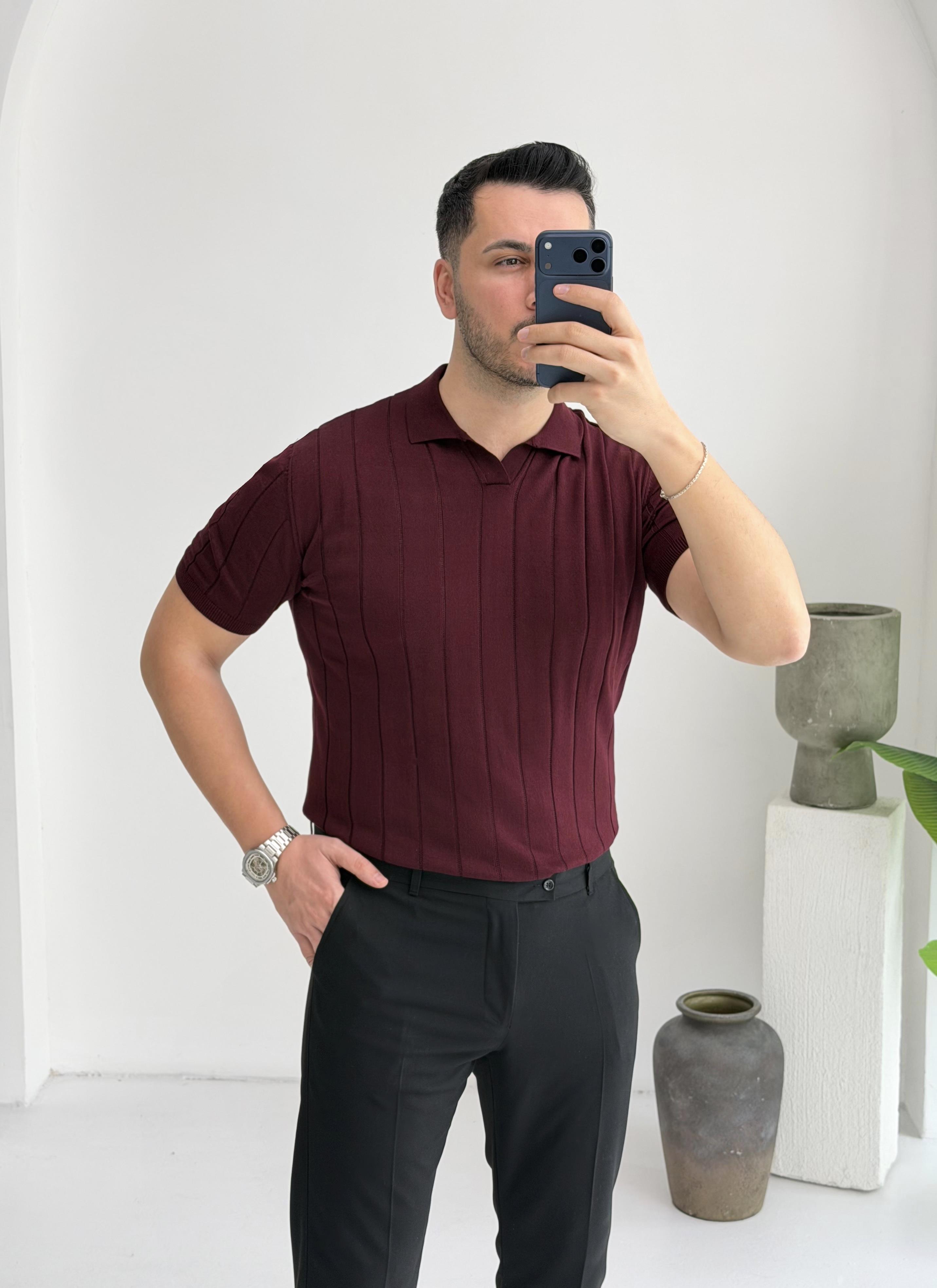 Polo Yaka Bordo Örme Tişört