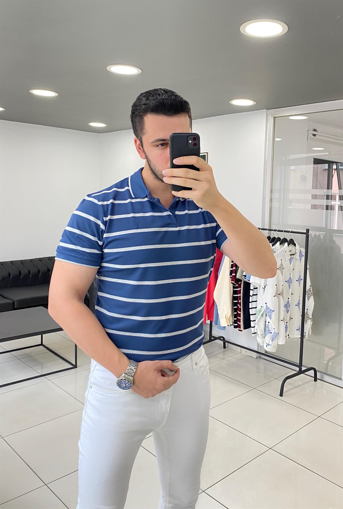 Polo Yaka İndigo Örme Tişört