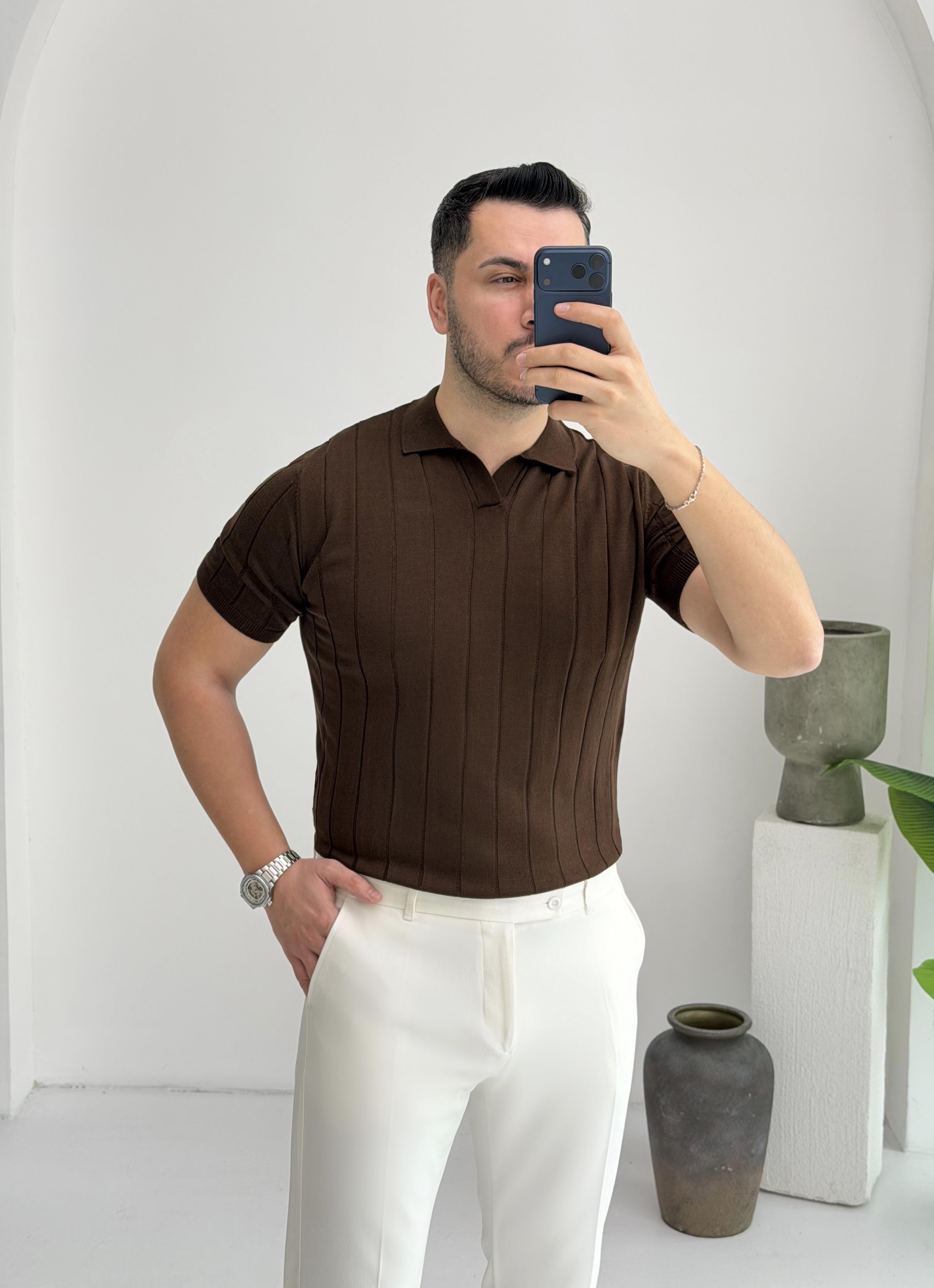 Polo Yaka Kahve Örme Tişört
