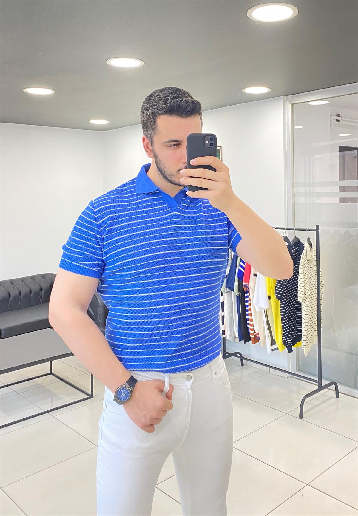 Polo Yaka Mavi Çizgili Örme Tişört 