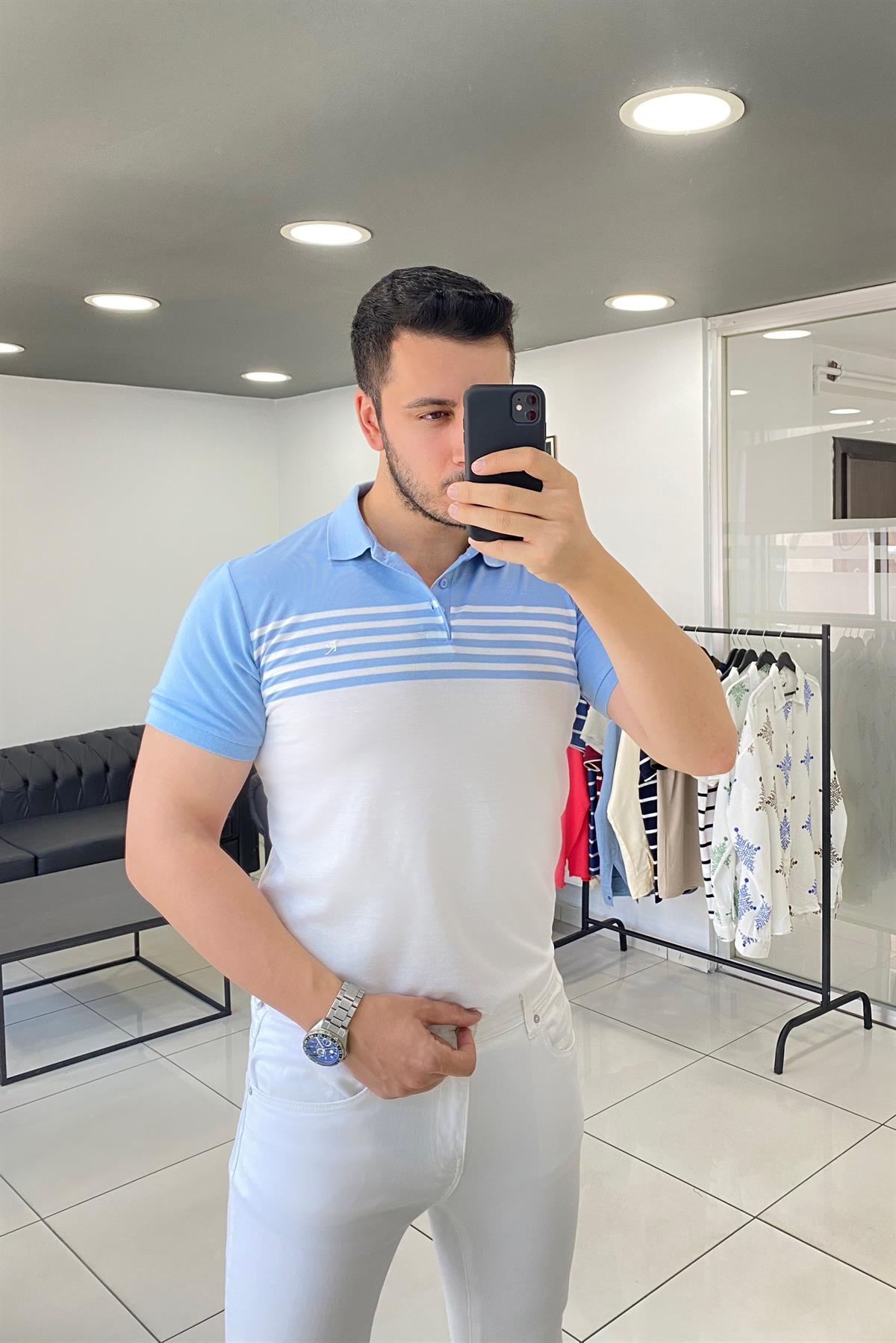 Polo Yaka Mavi Desenli Örme Tişört