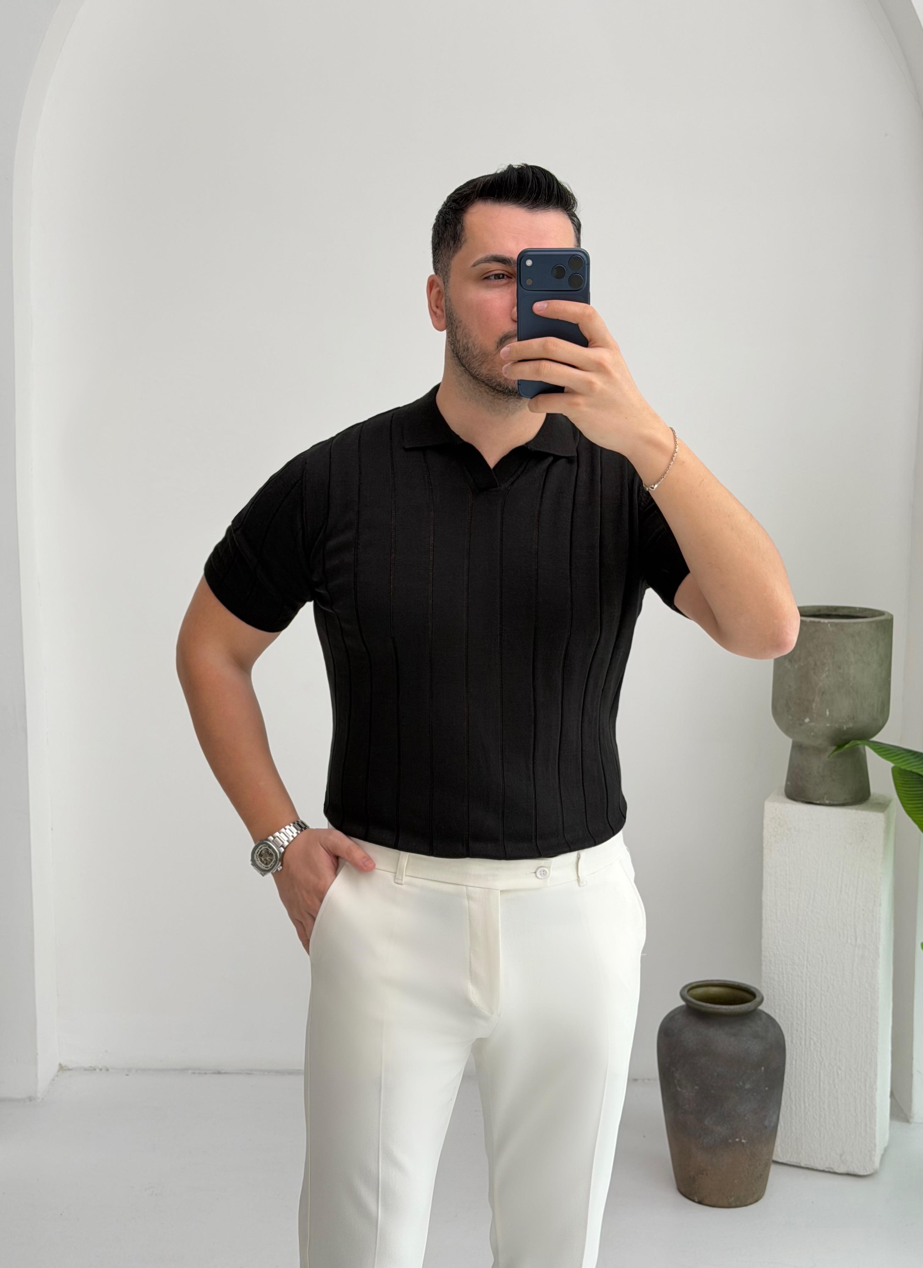 Polo Yaka Siyah Örme Tişört