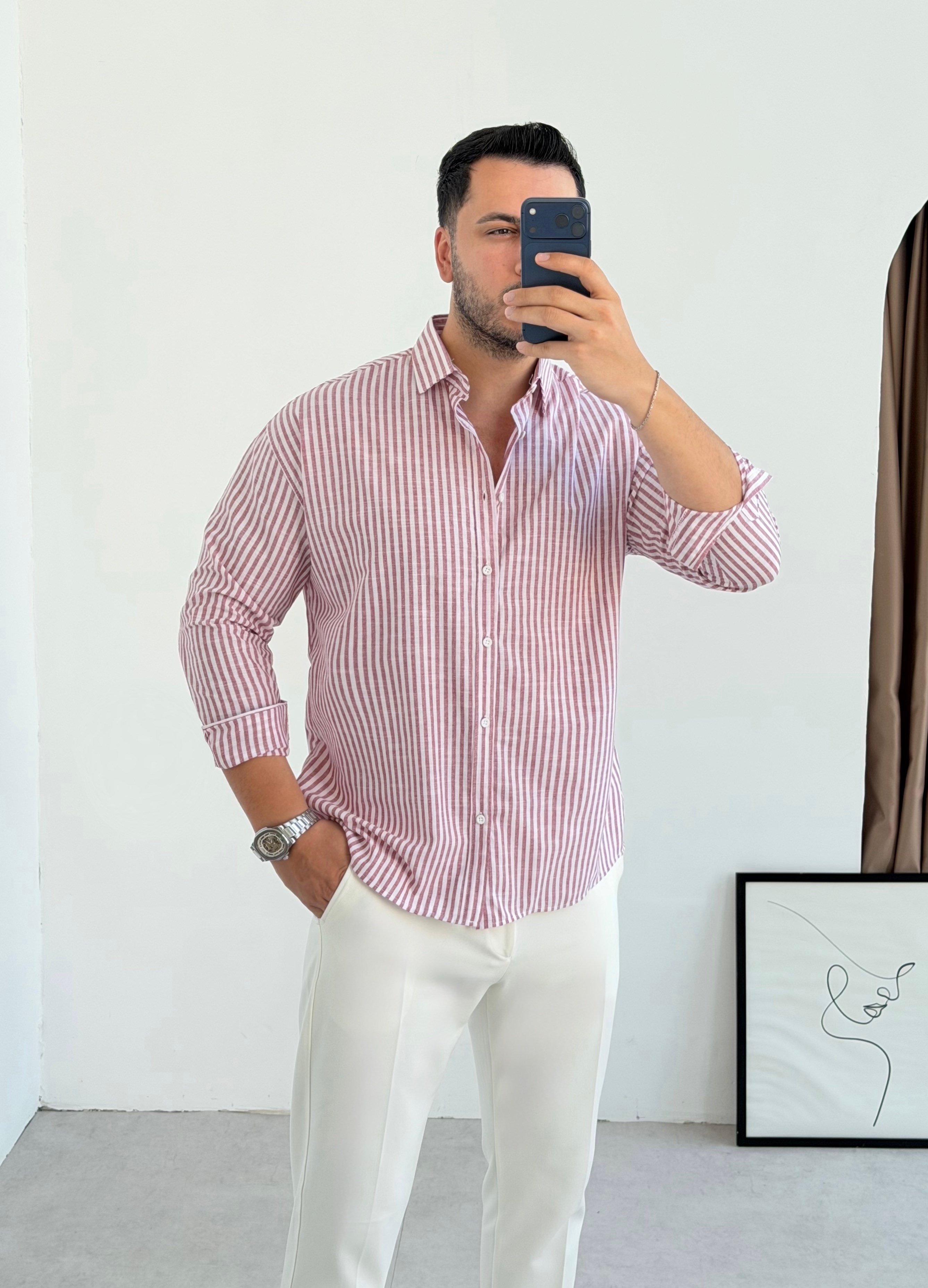 Premium Bordo Çizgili Keten Gömlek