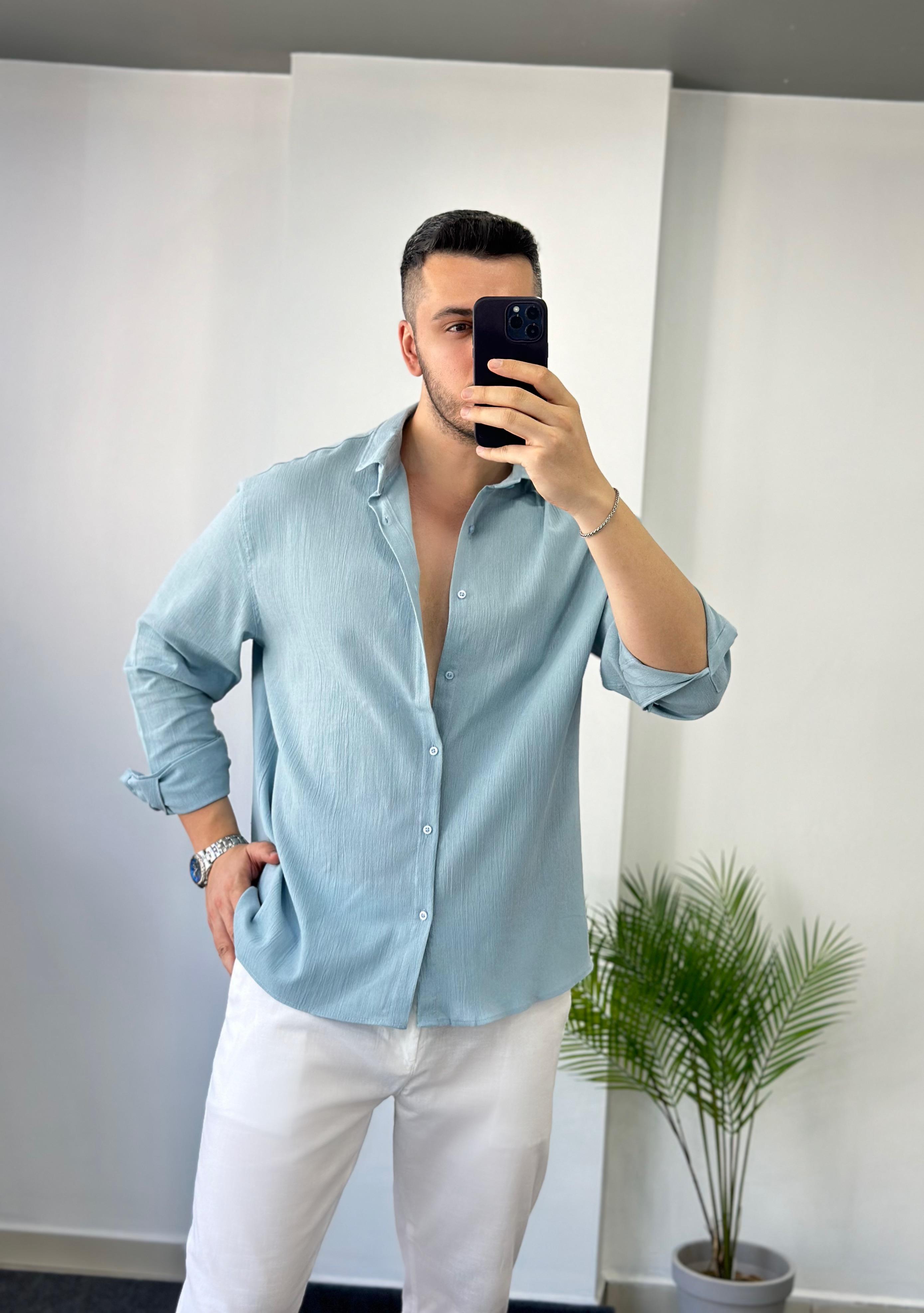 Premium Buz Mavisi Oversize Keten Gömlek