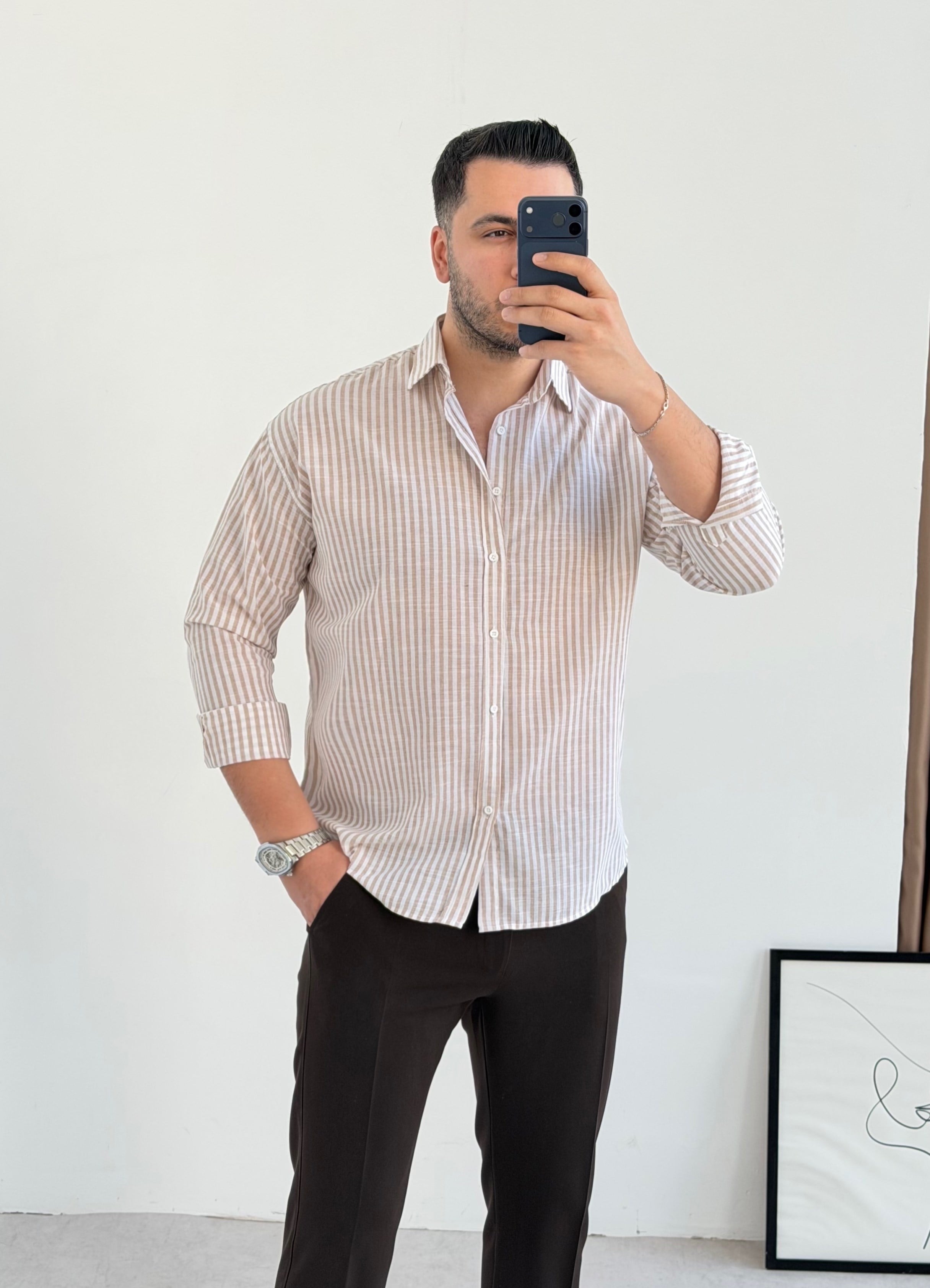 Premium Kahve Çizgili Keten Gömlek