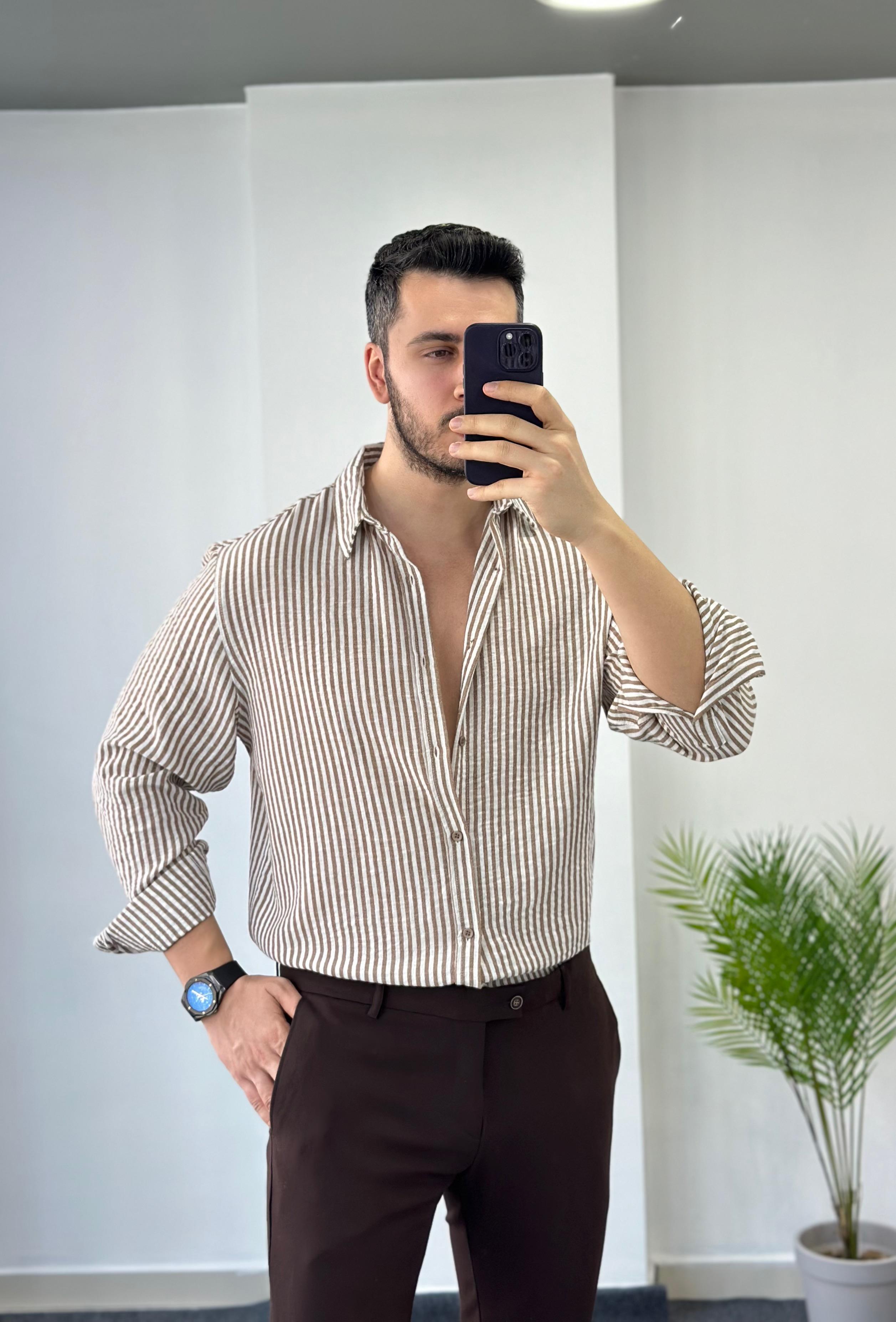 Premium Kahve Çizgili Oversize Keten Gömlek