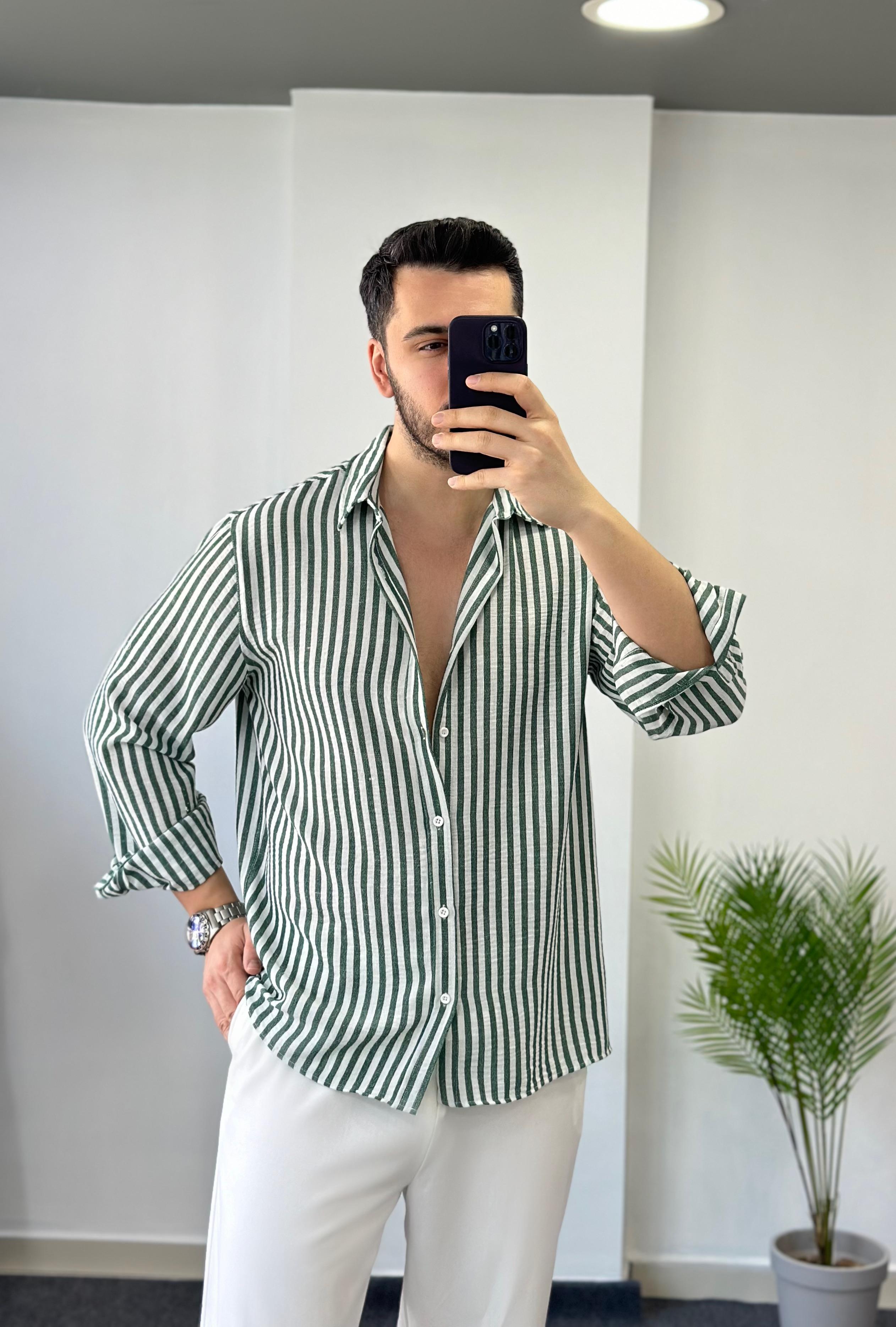 Premıum Koyu Yeşil Çizgili Oversize Keten Gömlek 