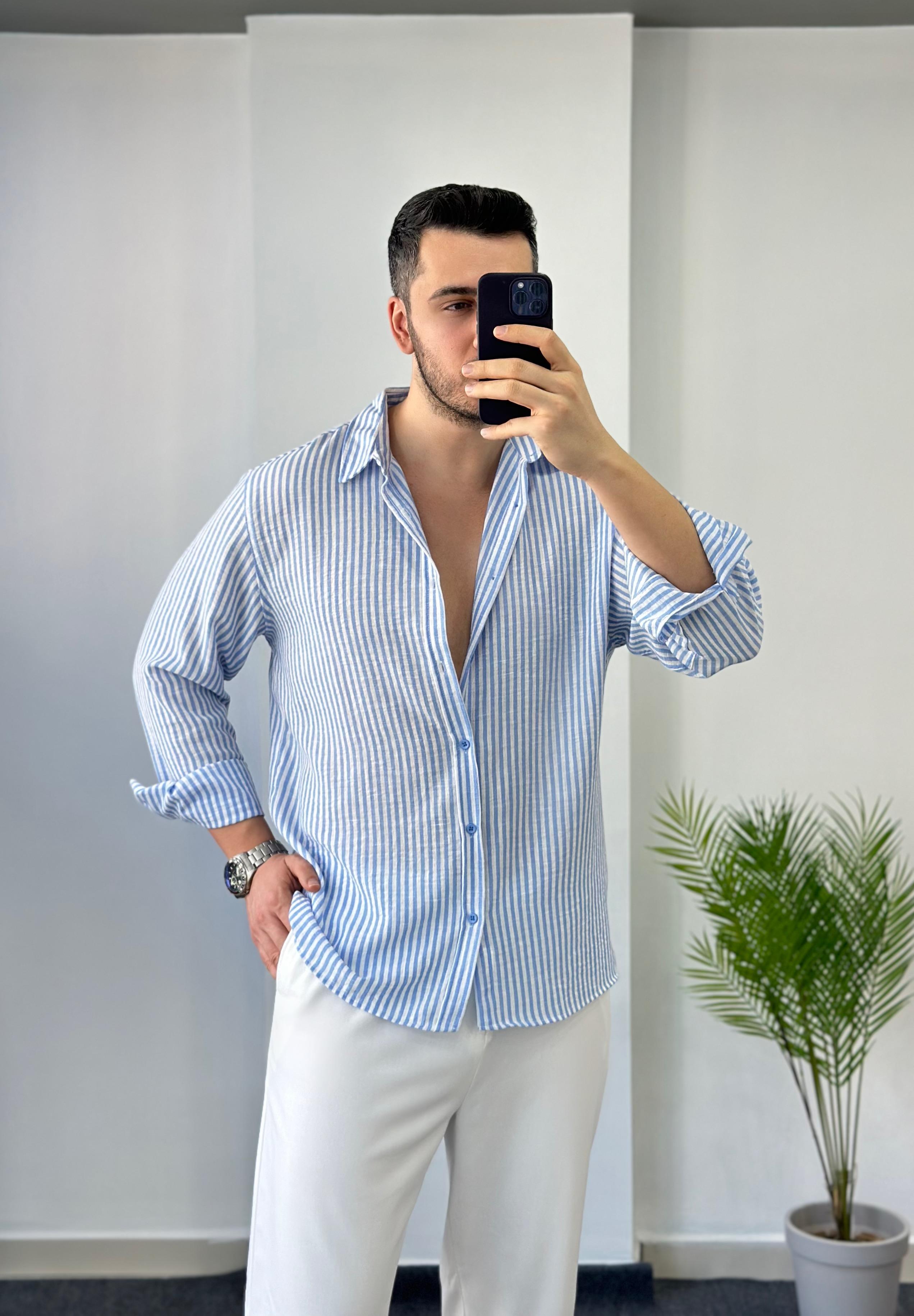 Premium Mavi Çizgili Oversize Keten Gömlek