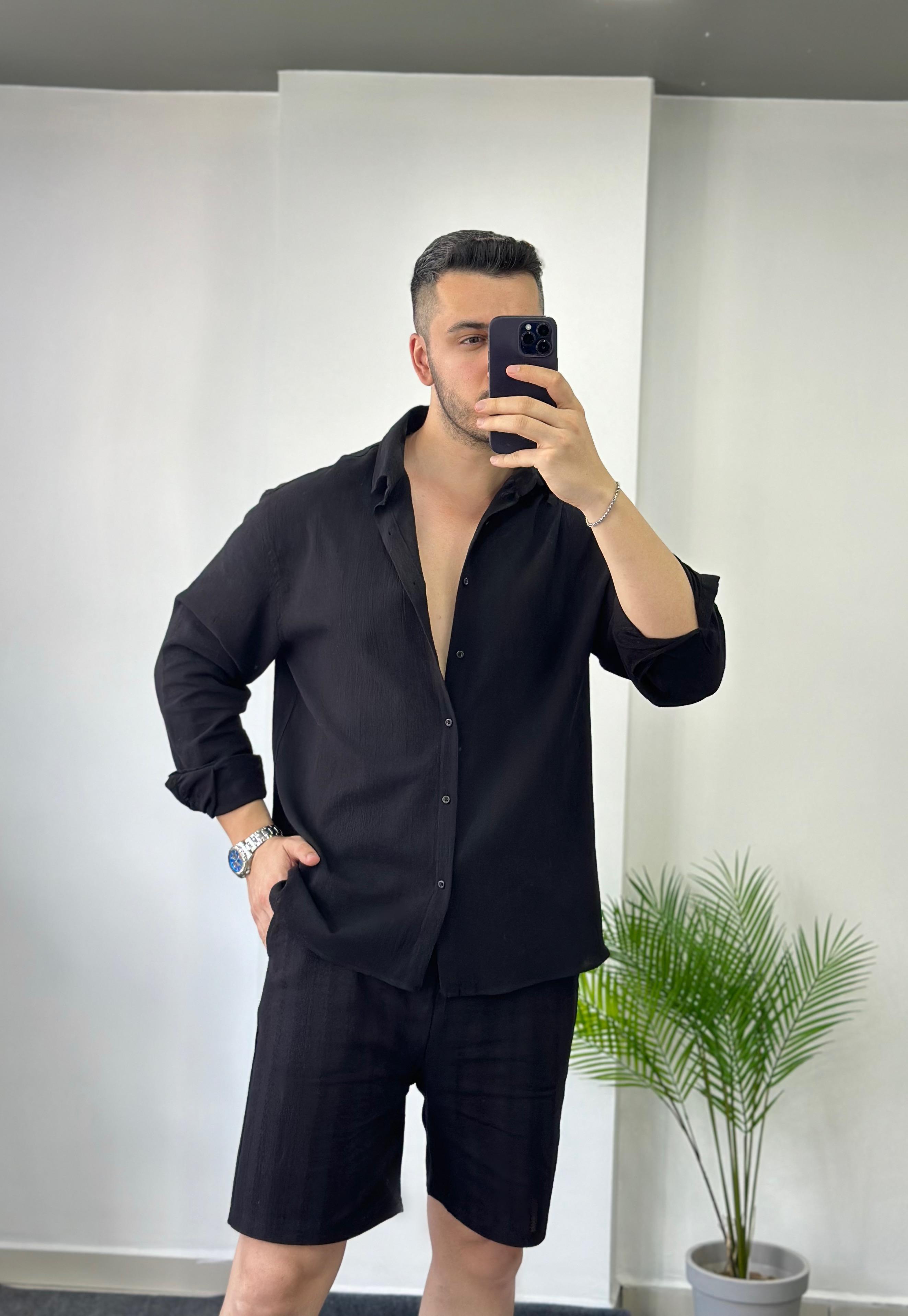 Premium Siyah Oversize Keten Gömlek 
