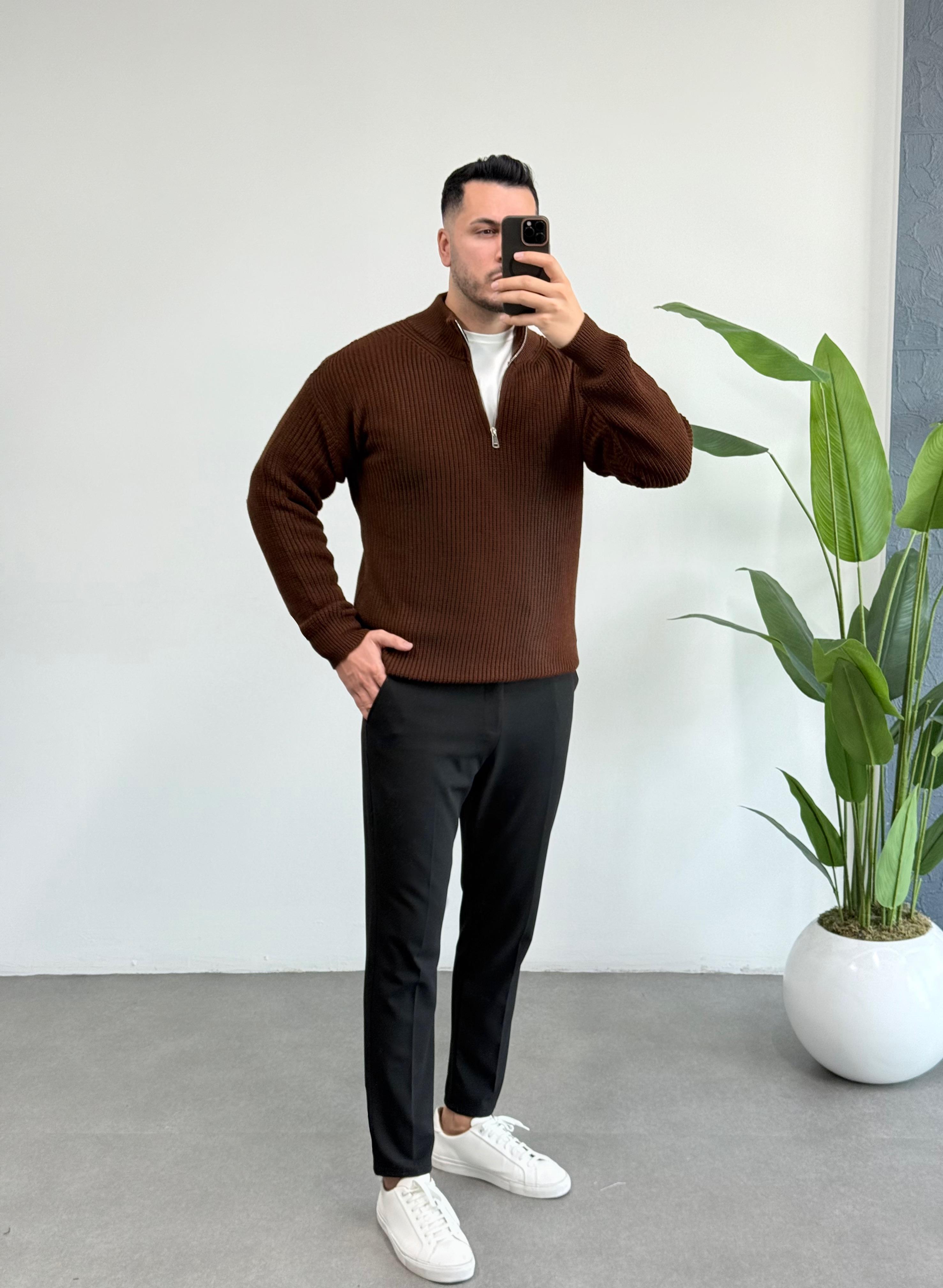 Premium Yarım Fermuarlı Kahve Kazak
