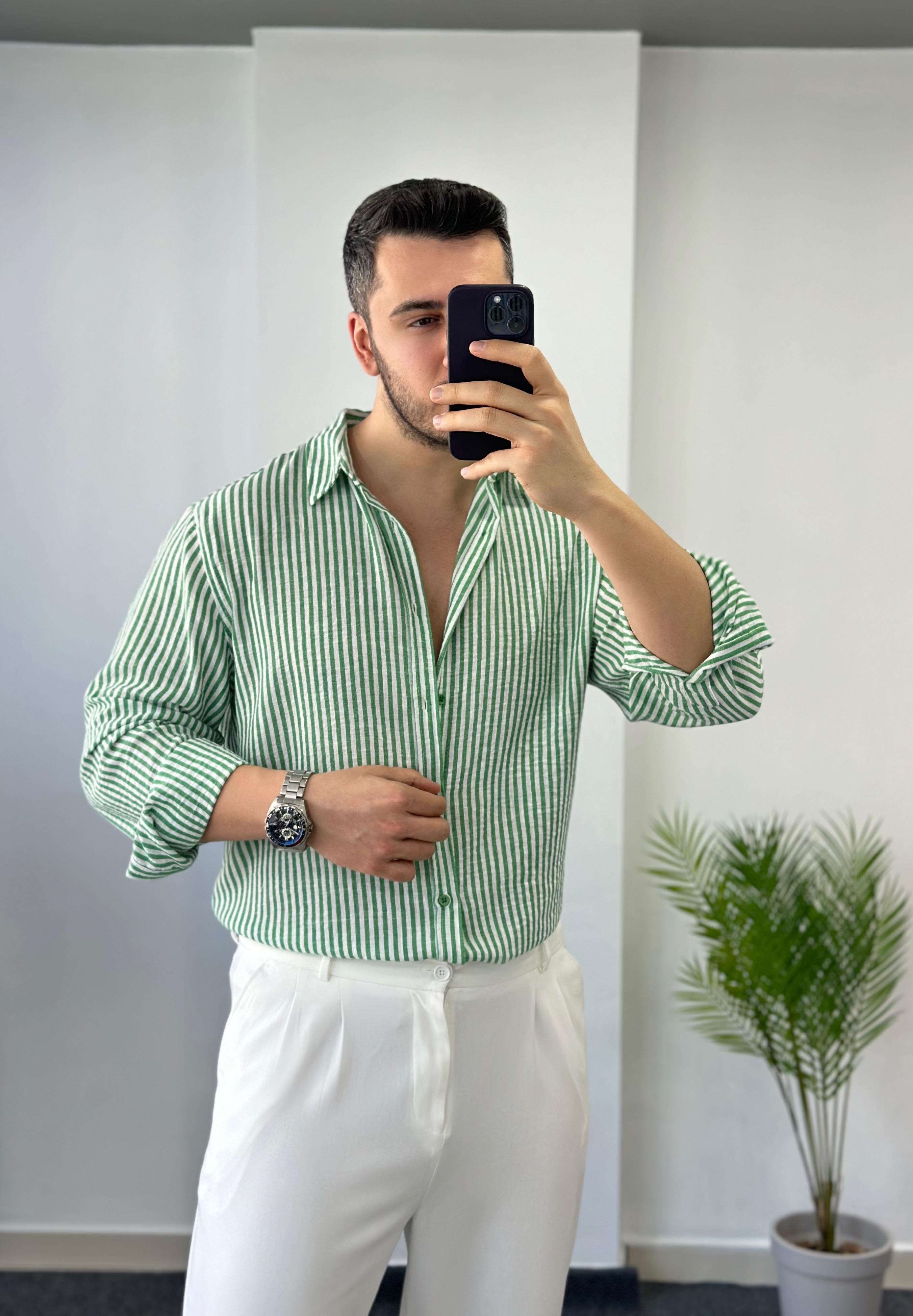 Premium Yeşil Çizgili Oversize Keten Gömlek