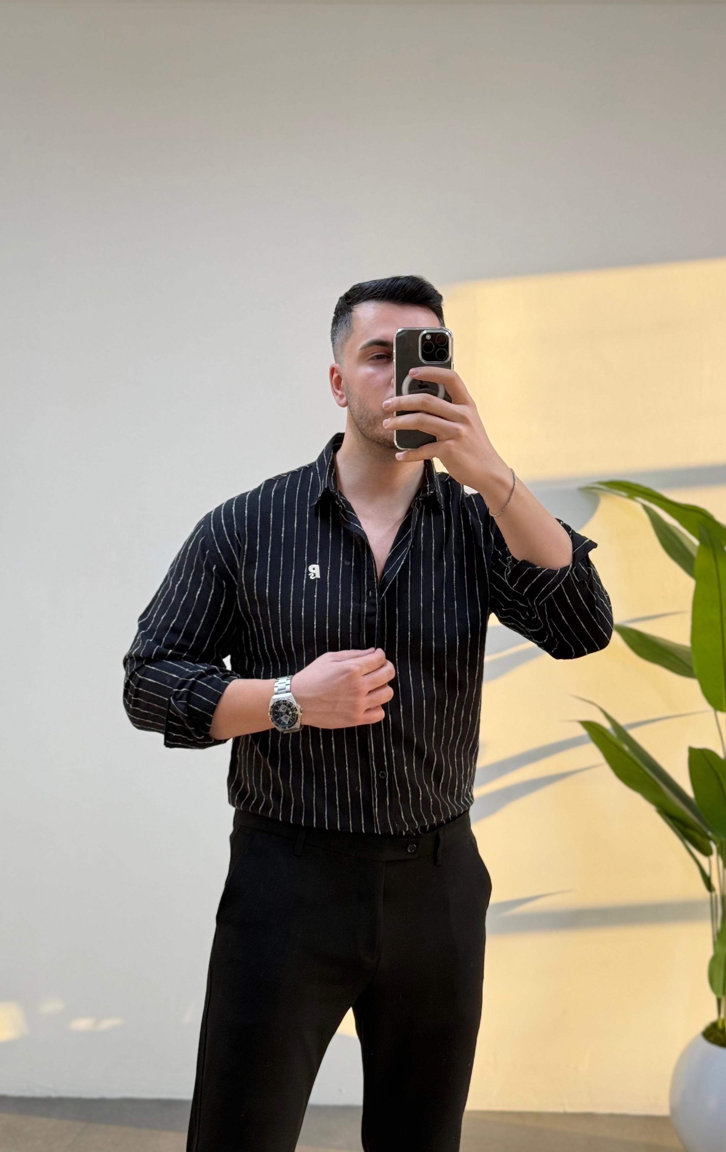 Ps Nakış Siyah Çizgili Keten Gömlek 