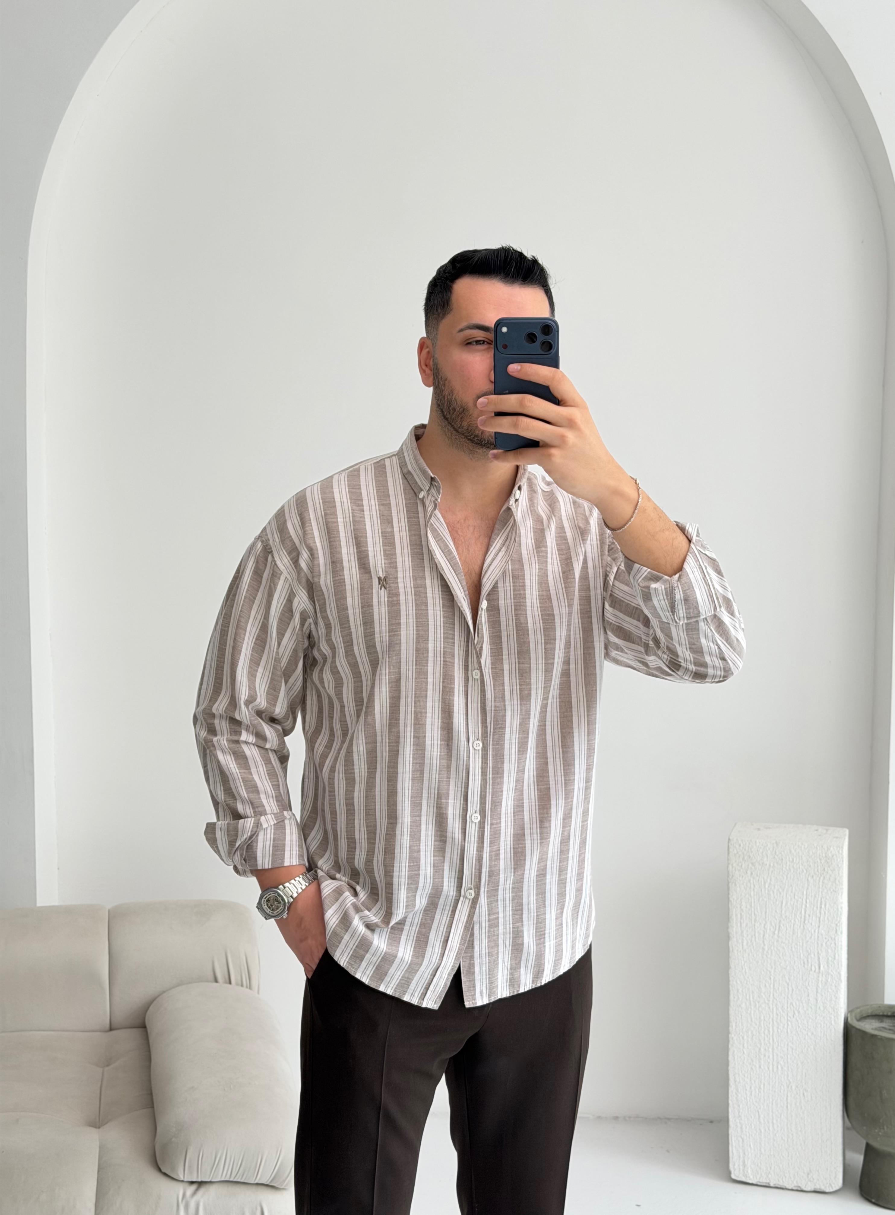 Pure Linen Oversize Kahve Çizgili Gömlek