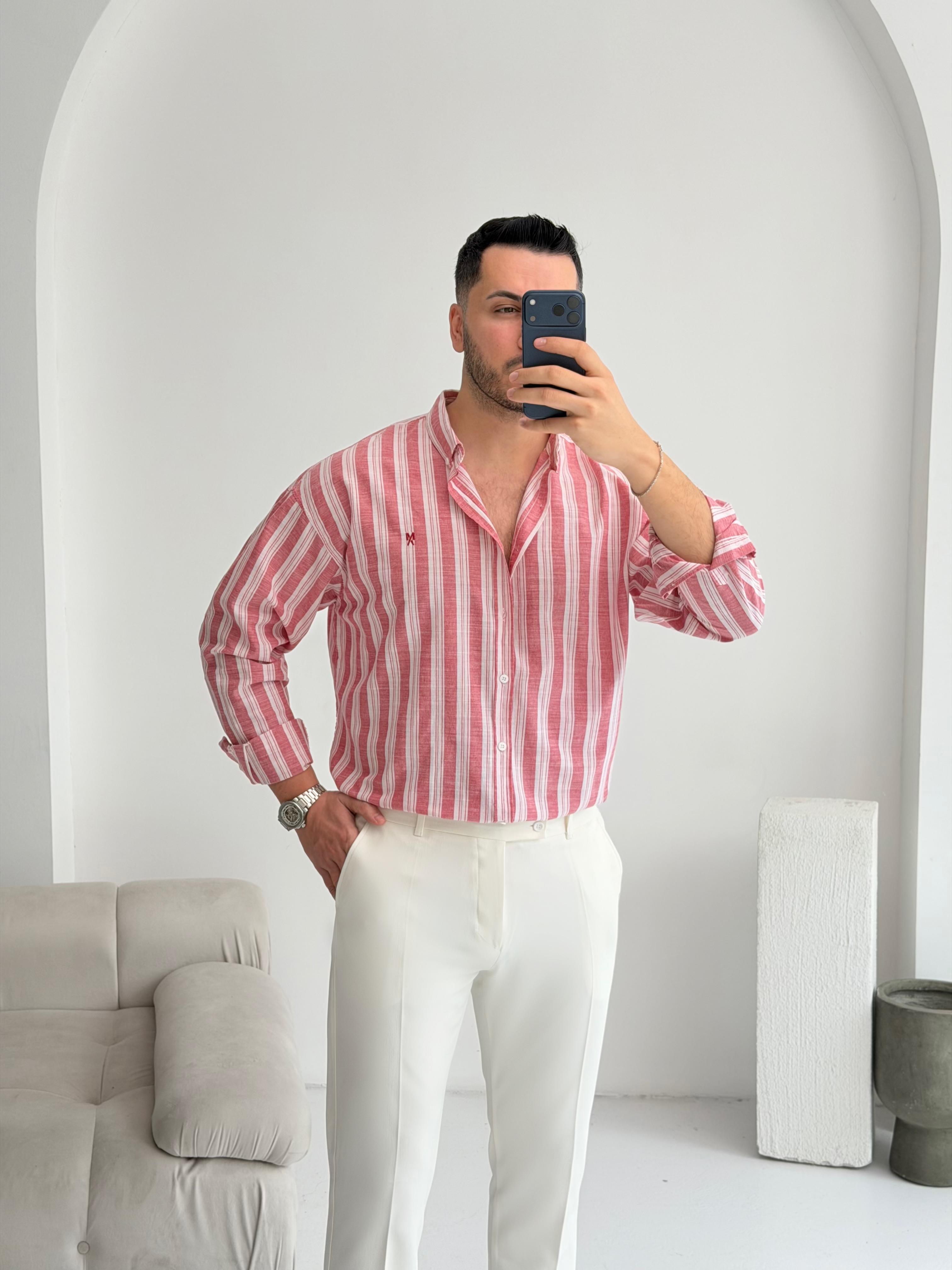 Pure Linen Oversize Mavi Çizgili Gömlek
