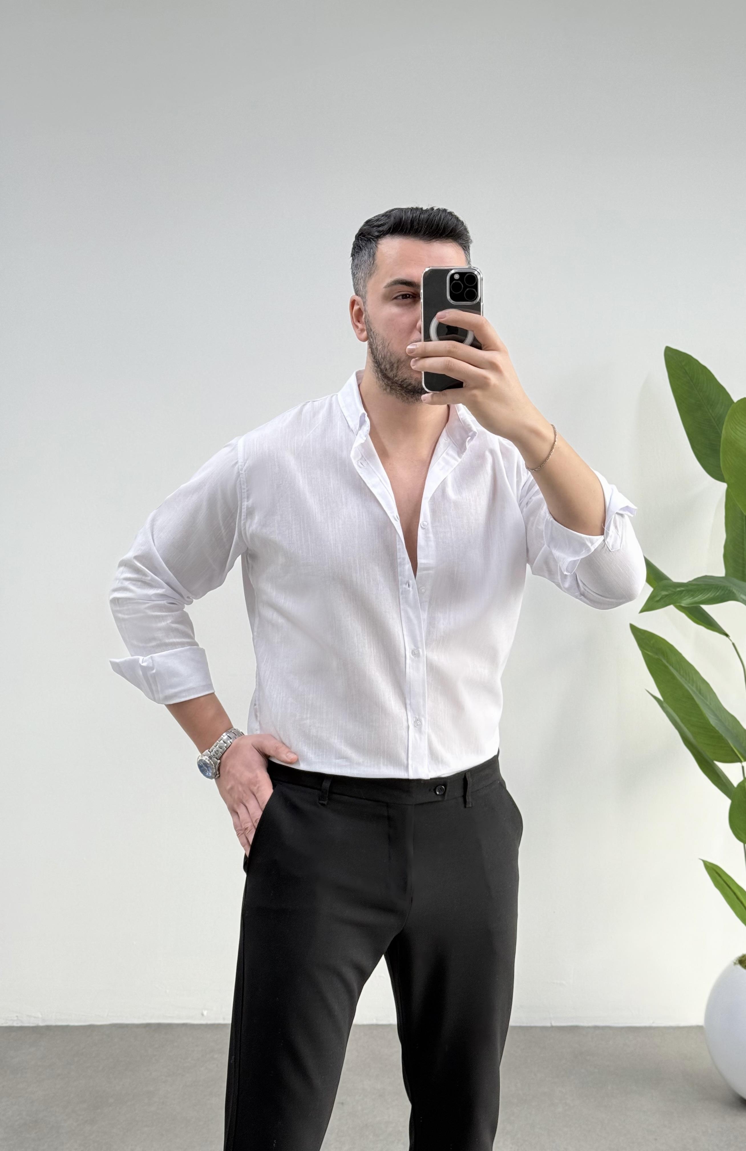 Regular Beyaz Keten Gömlek 