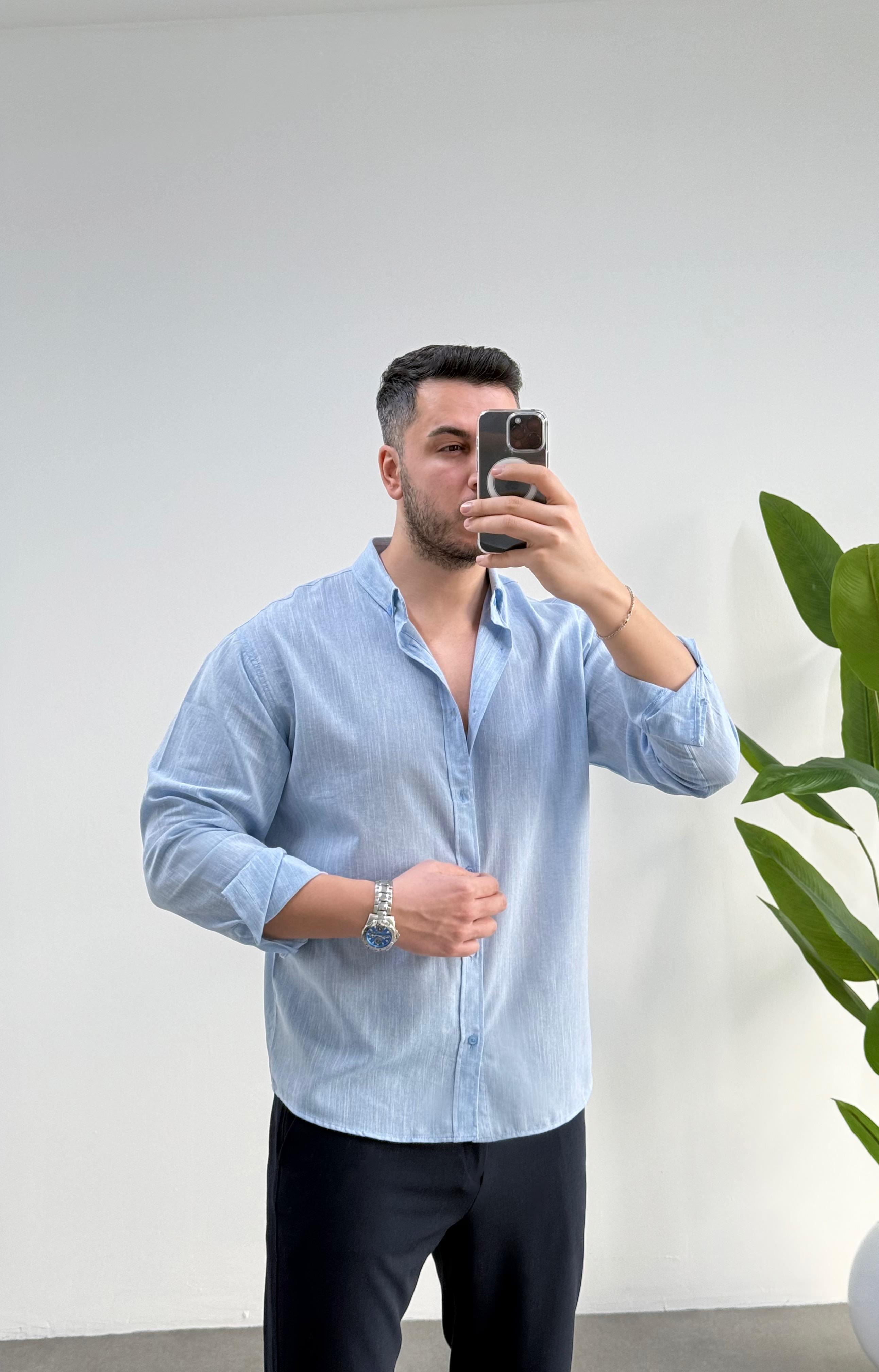 Regular Buz Mavisi Keten Gömlek 