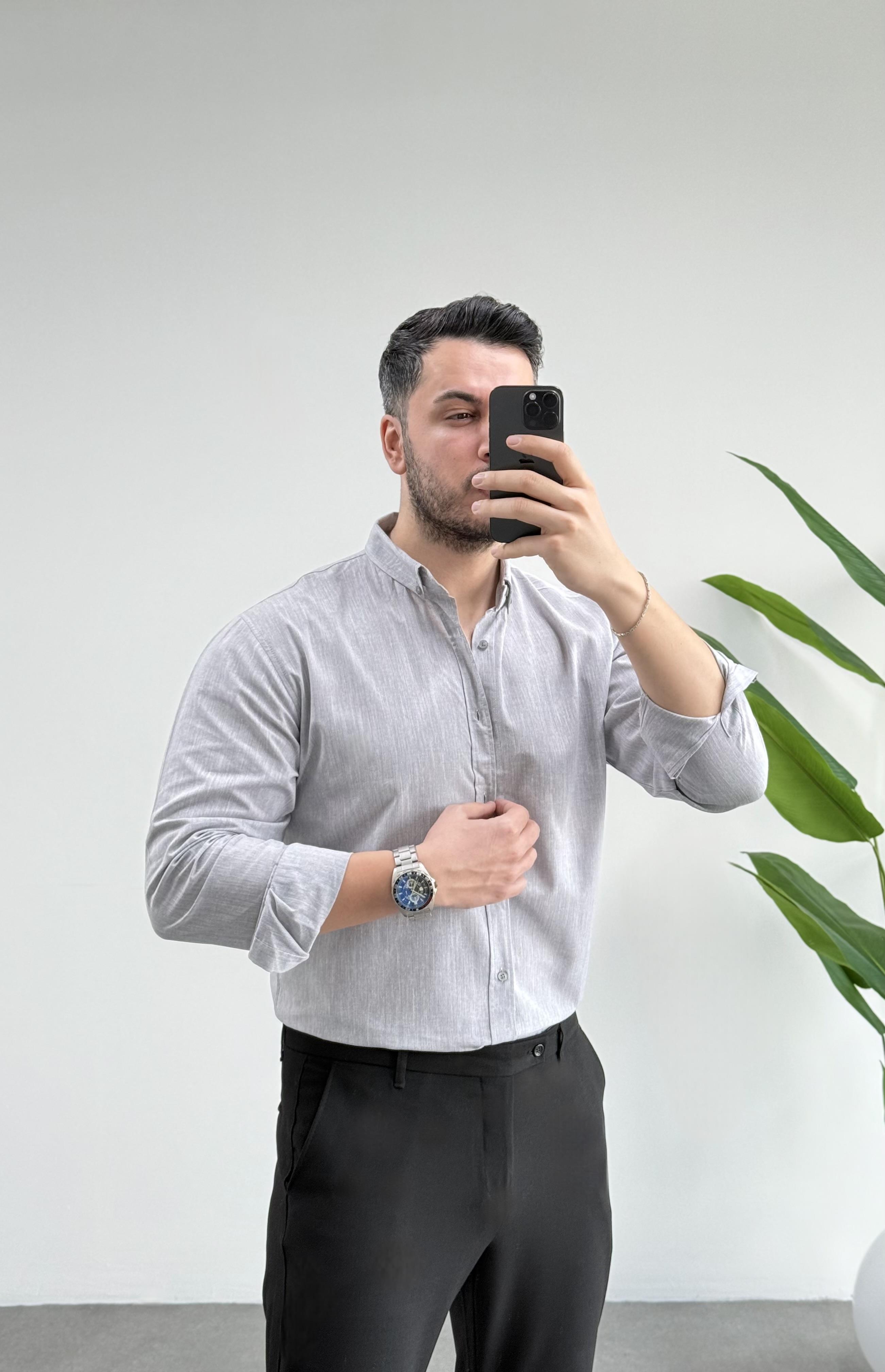 Regular Gri Keten Gömlek 