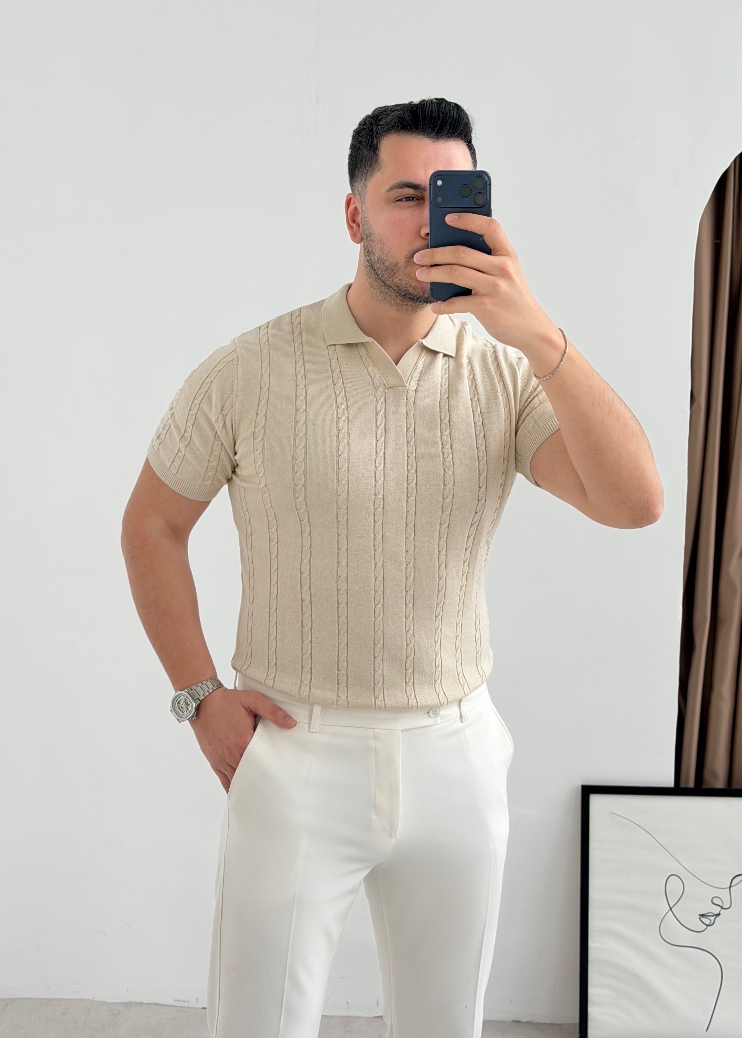 Saç Örgü Bej Örme Polo Yaka Tişört