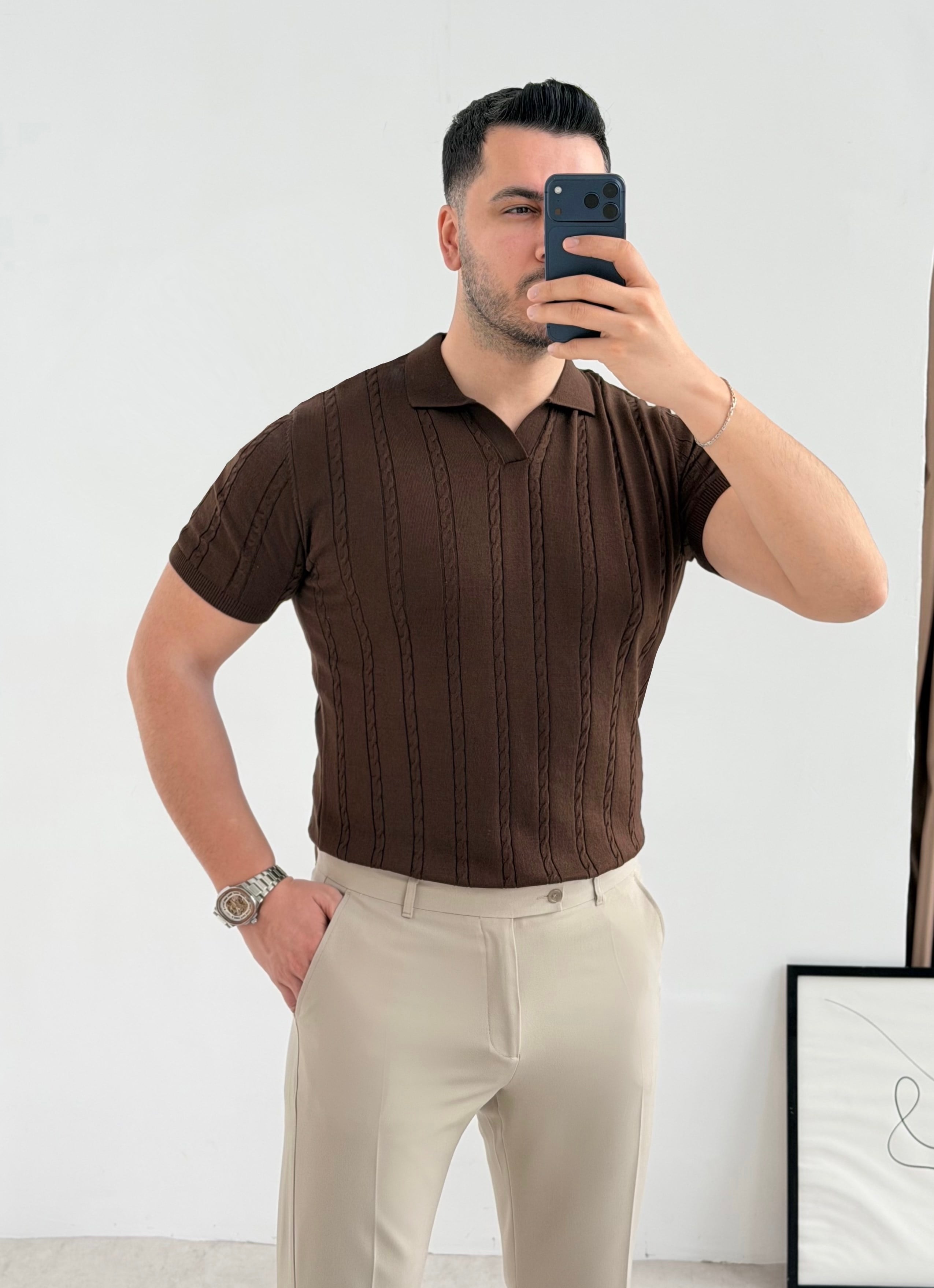 Saç Örgü Kahve Örme Polo Yaka Tişört