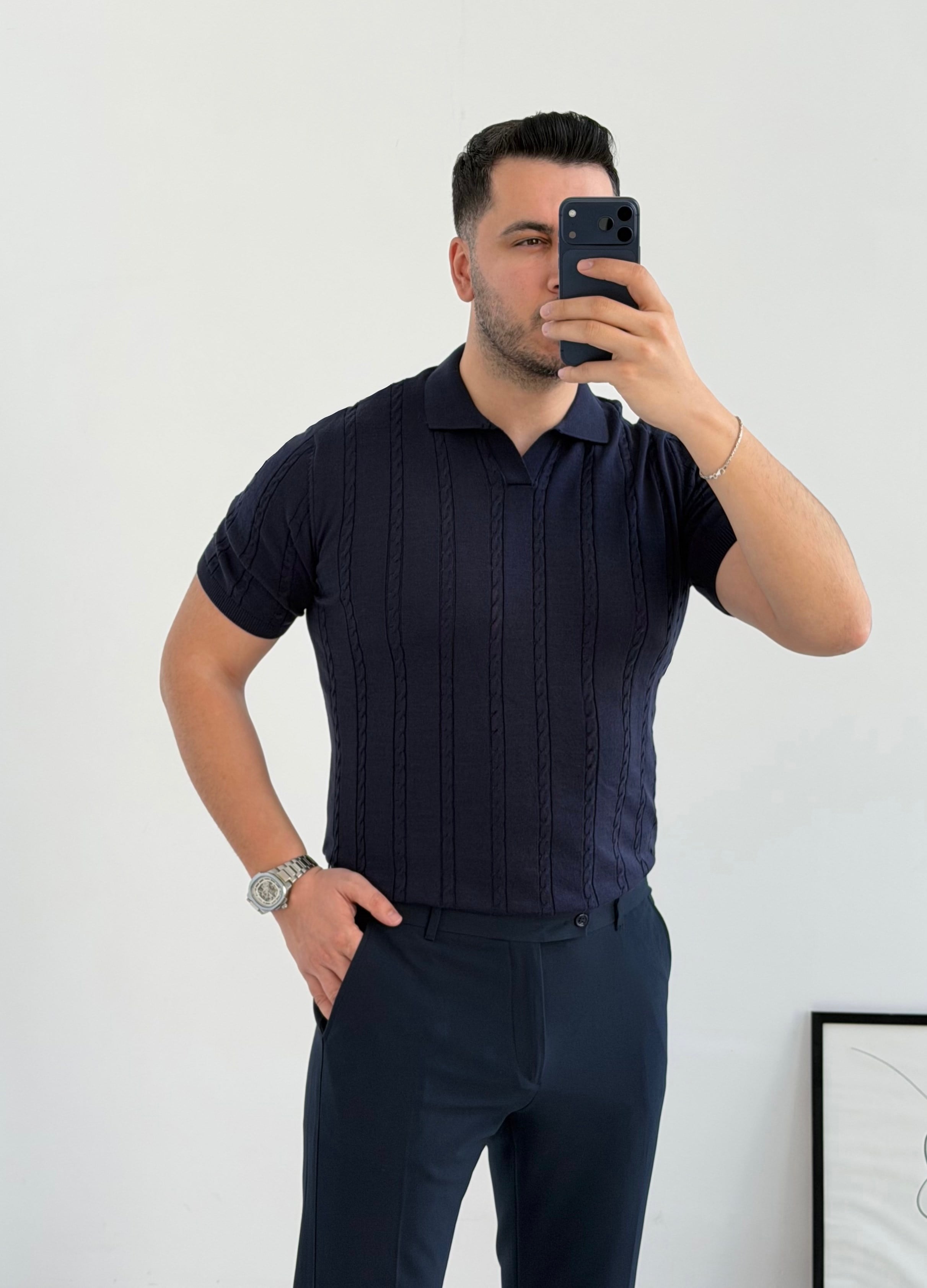 Saç Örgü Lacivert Örme Polo Yaka Tişört