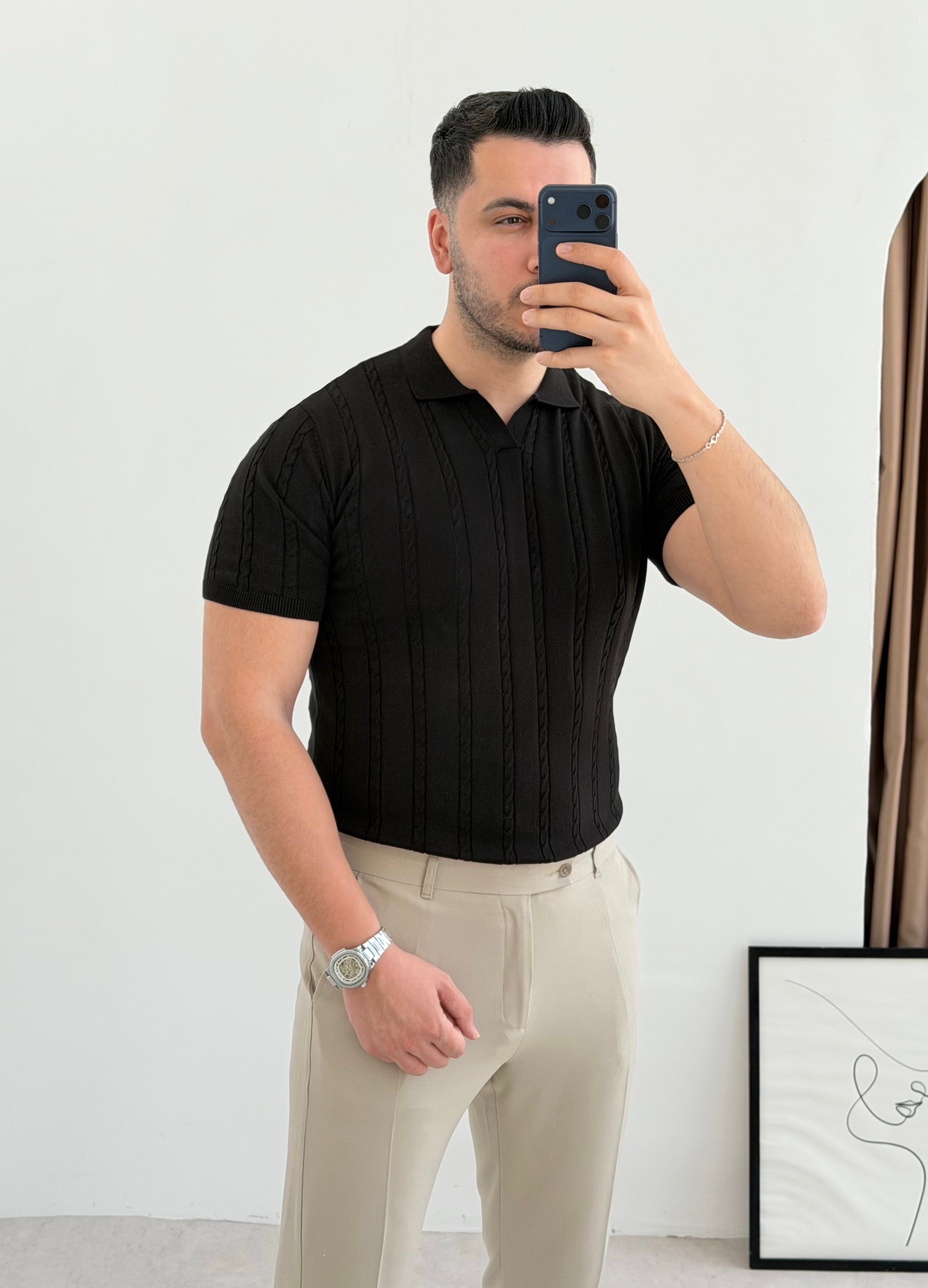 Saç Örgü Siyah Örme Polo Yaka Tişört