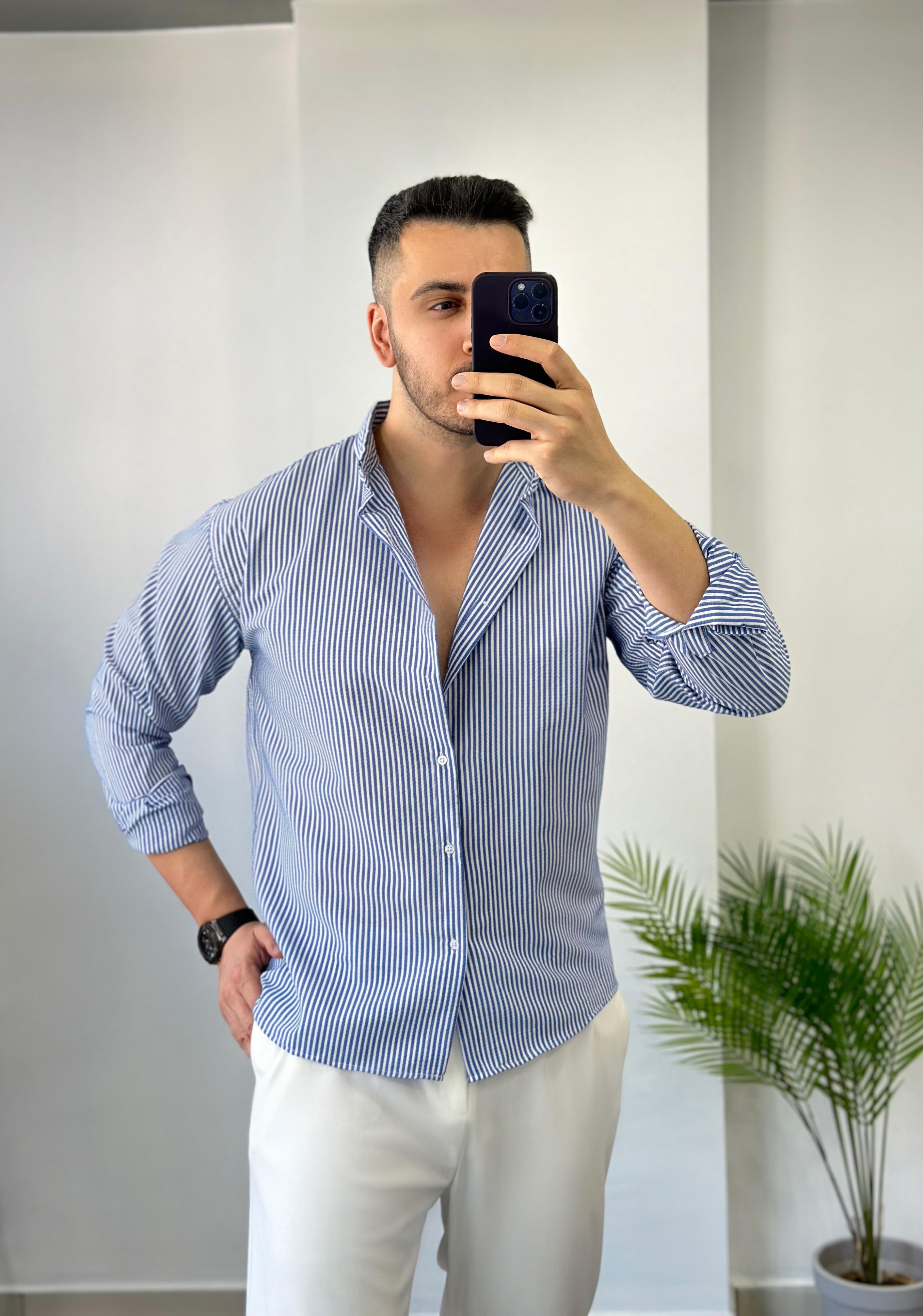 Saks Çizgili Yarım Oversize Keten Gömlek